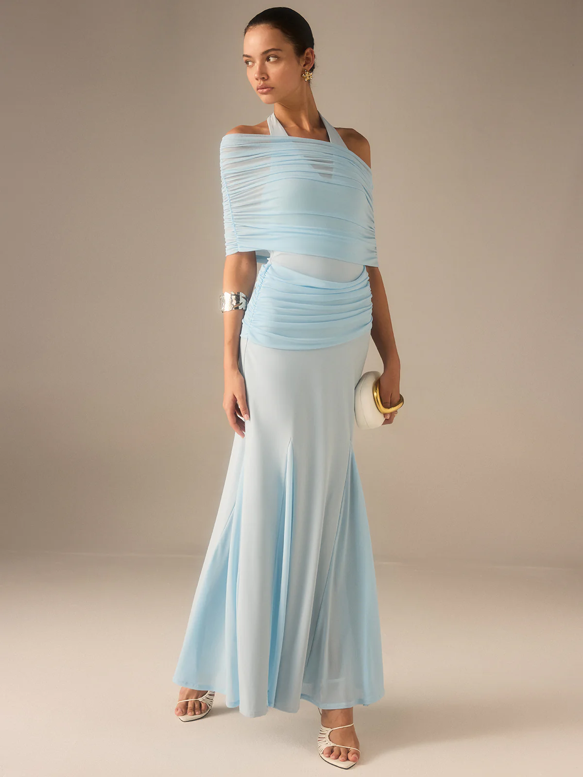 Semi-Sheer Elastic Mesh Ruched Maxi Dress - Image 3