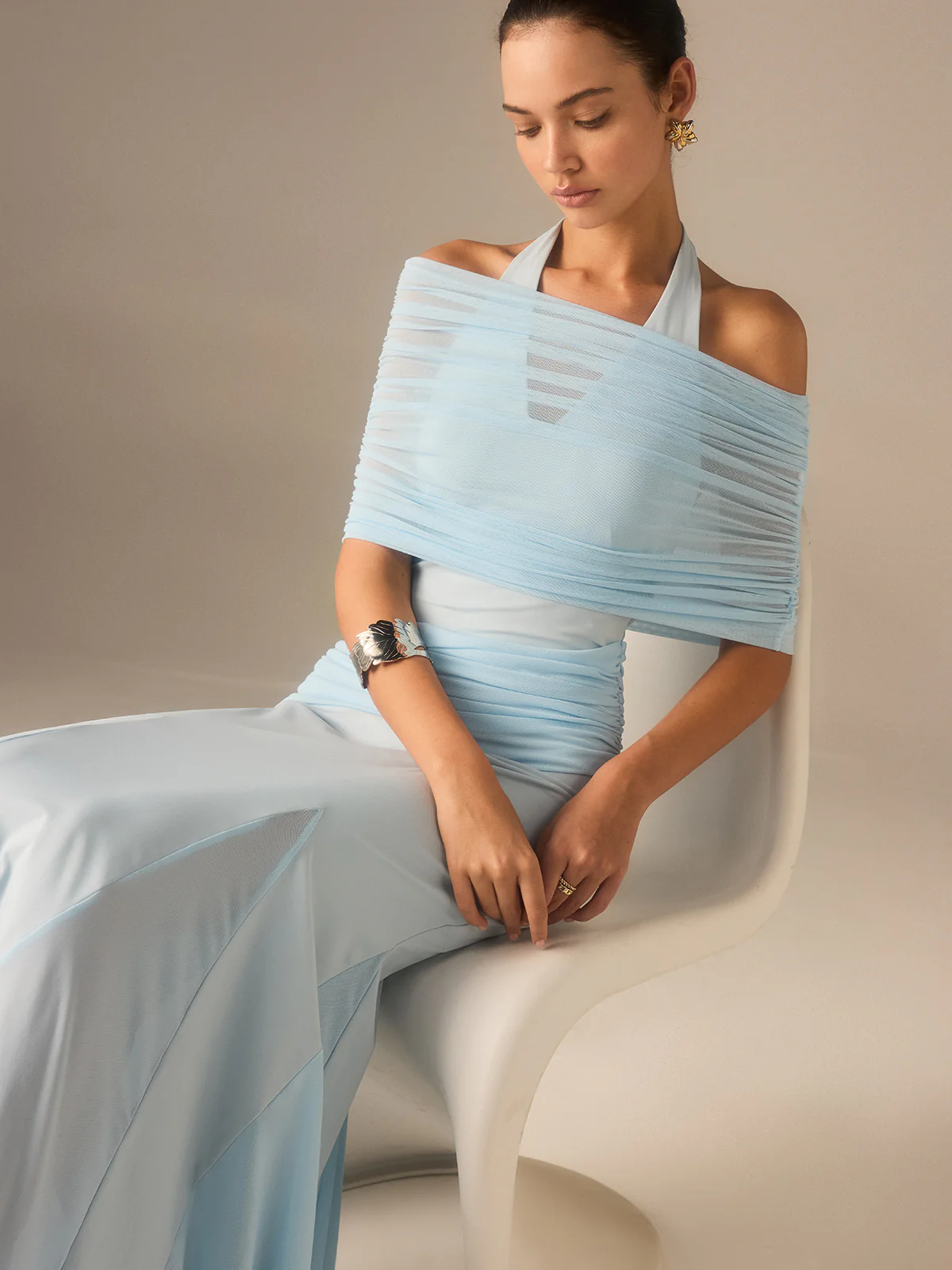 Semi-Sheer Elastic Mesh Ruched Maxi Dress - Image 5