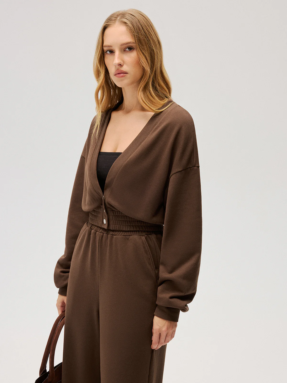Elastic-Waist Button-Front Cropped Sweatshirt - Image 2