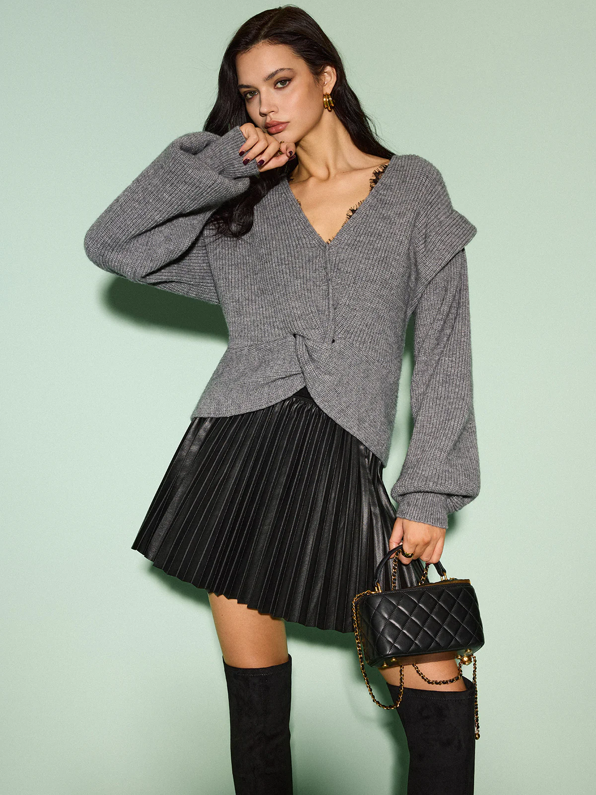 Elastic Waist Faux Leather Pleated Skirt - Image 12