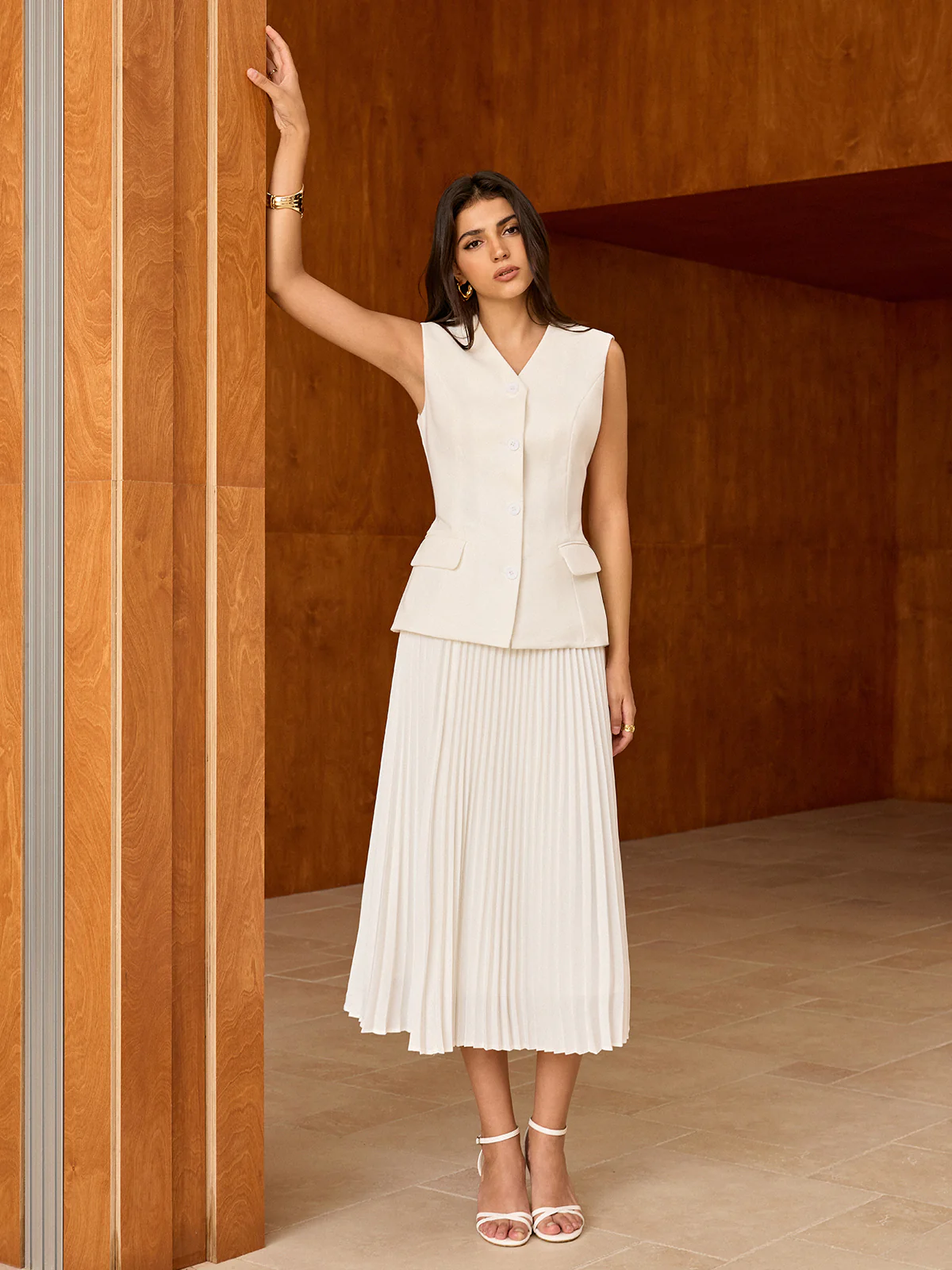 Elasticated Waist Pleated Midi Skirt - Image 5