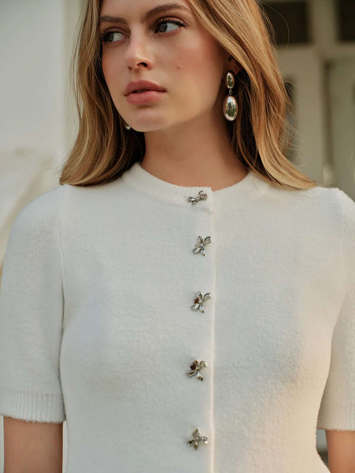 Elegant Bow Button Knit Top - Image 2