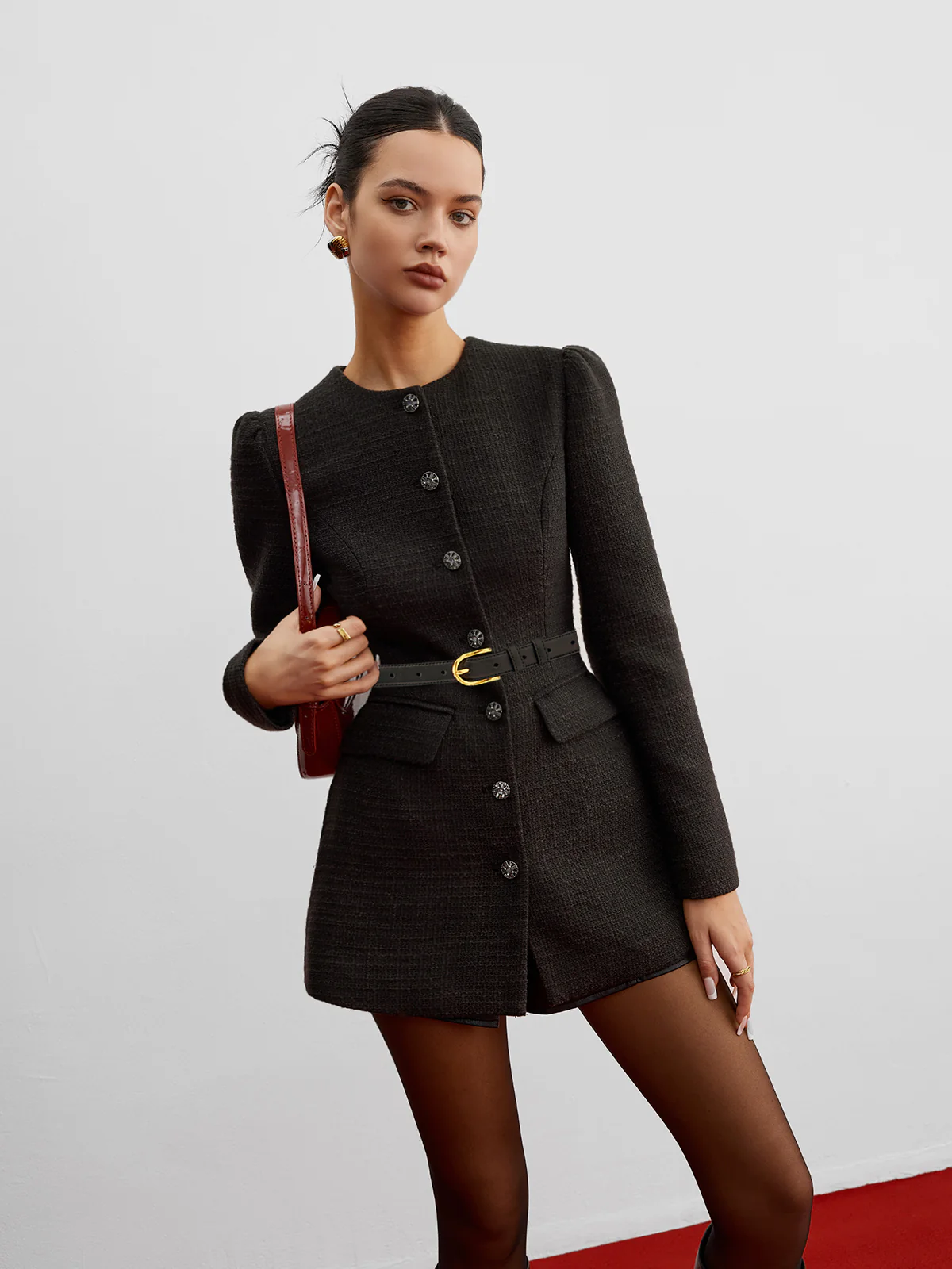 Elegant Button Down Tweed Blazer Without Belt - Image 2