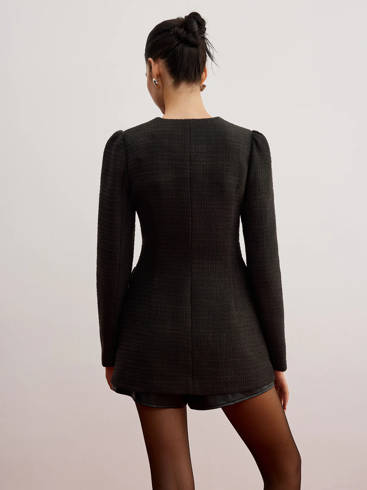 Elegant Button Down Tweed Blazer Without Belt - Image 6