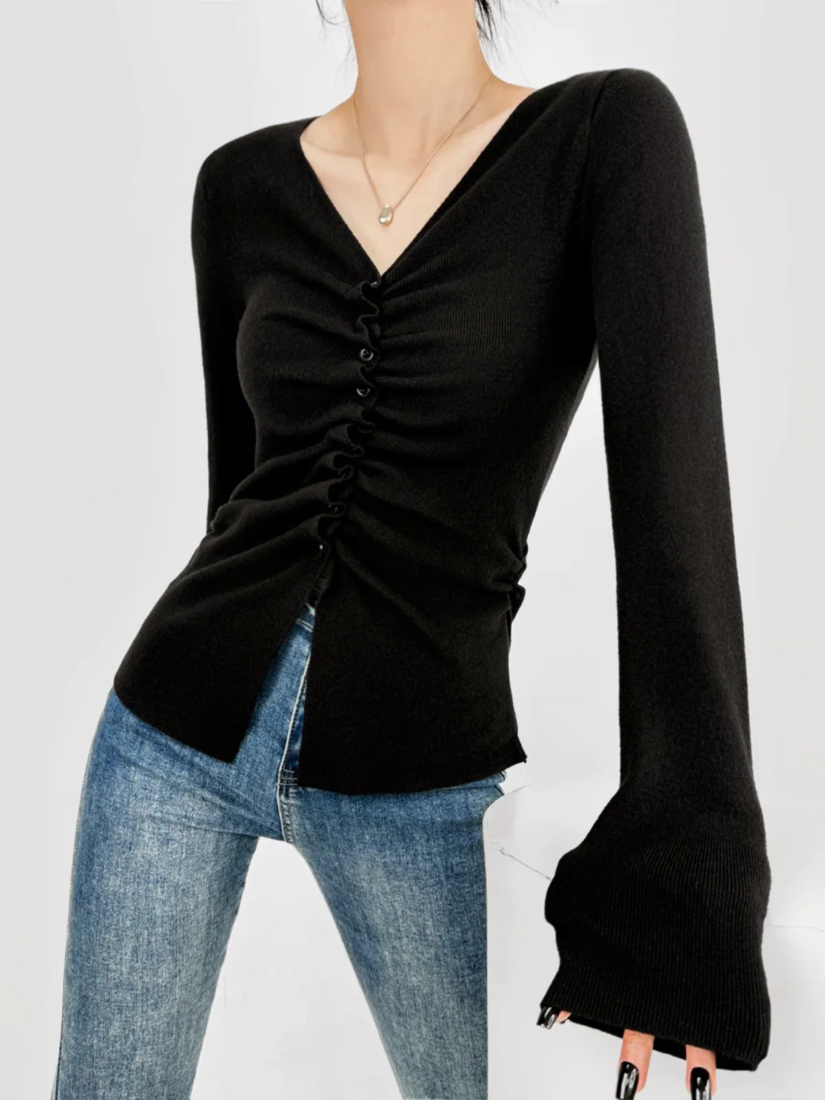 Elegant Button Pleated Knit Top - Image 3