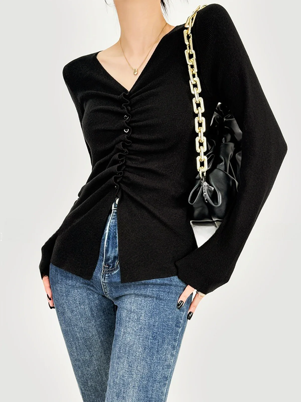 Elegant Button Pleated Knit Top - Image 5