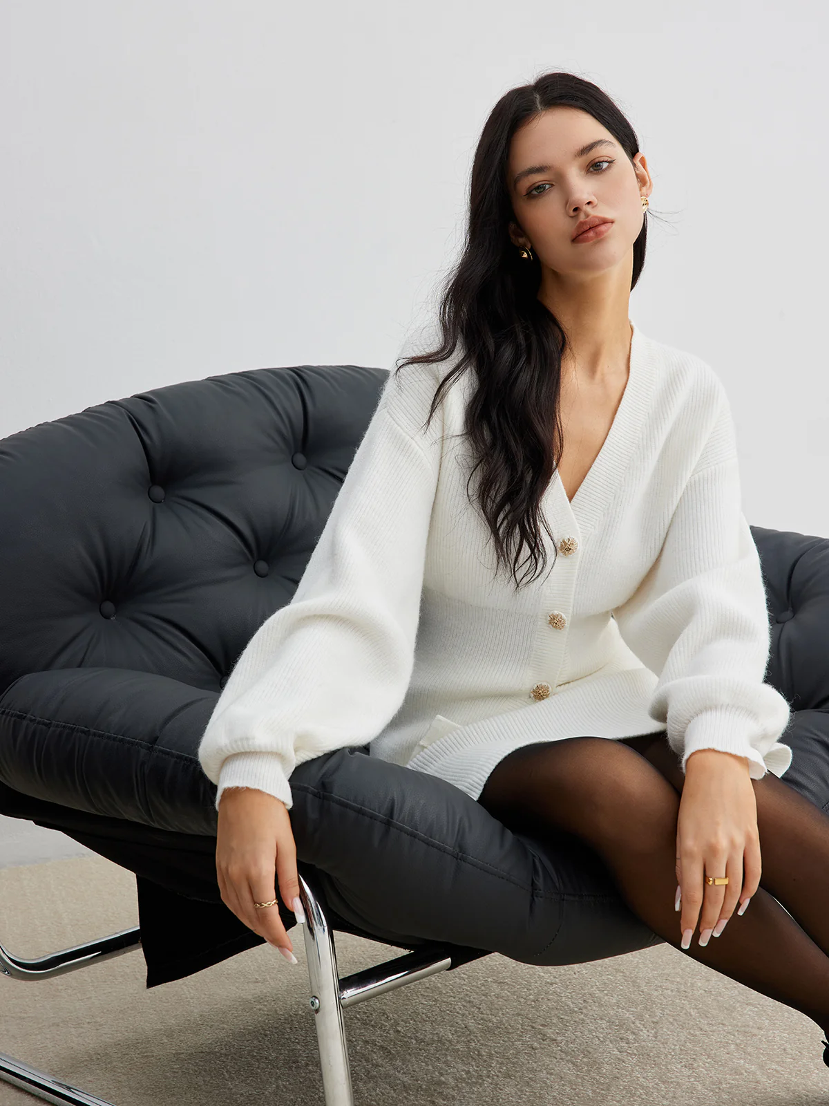 Elegant Button Slit Cinched Cardigan - Image 3