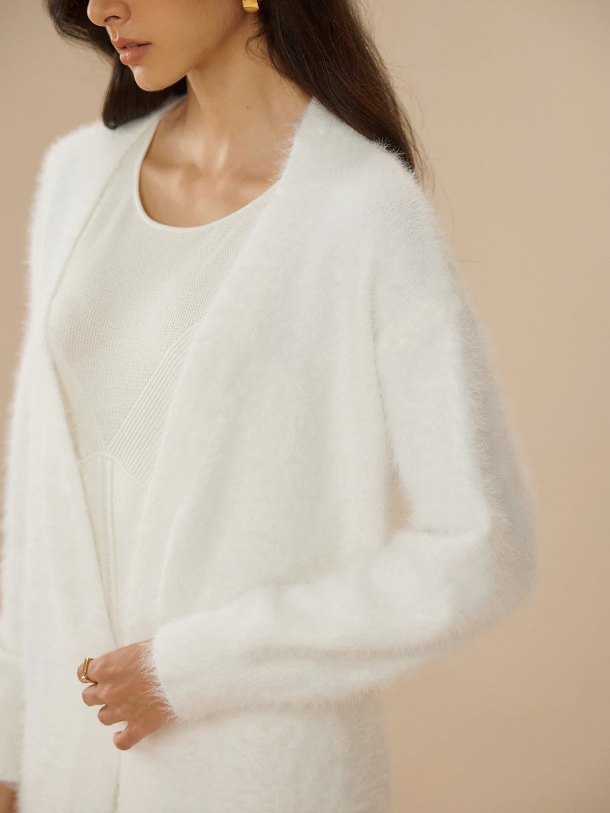 Elegant Fuzzy Plain Belted Cardigan - Image 6
