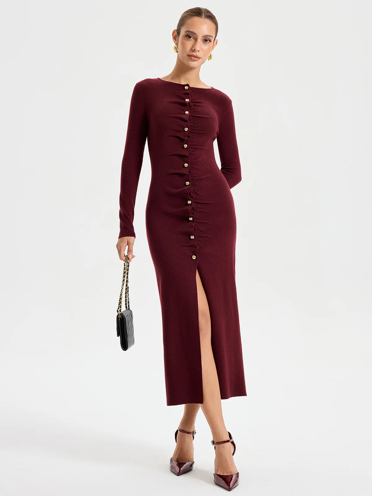 Elegant Long Sleeve Wide Neck Button Front Knit Dress