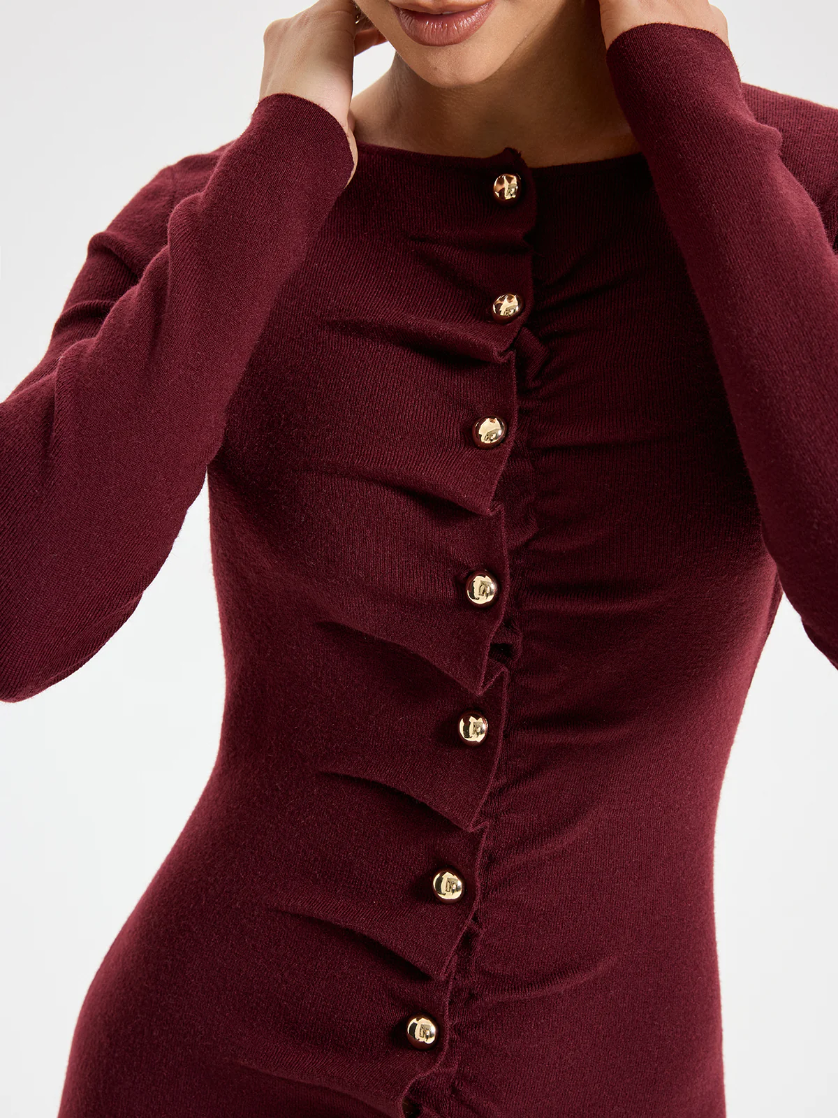 Elegant Long Sleeve Wide Neck Button Front Knit Dress - Image 4