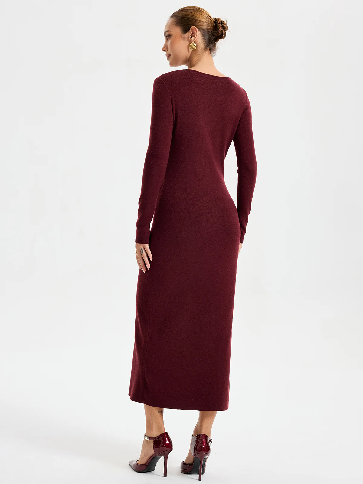 Elegant Long Sleeve Wide Neck Button Front Knit Dress - Image 6