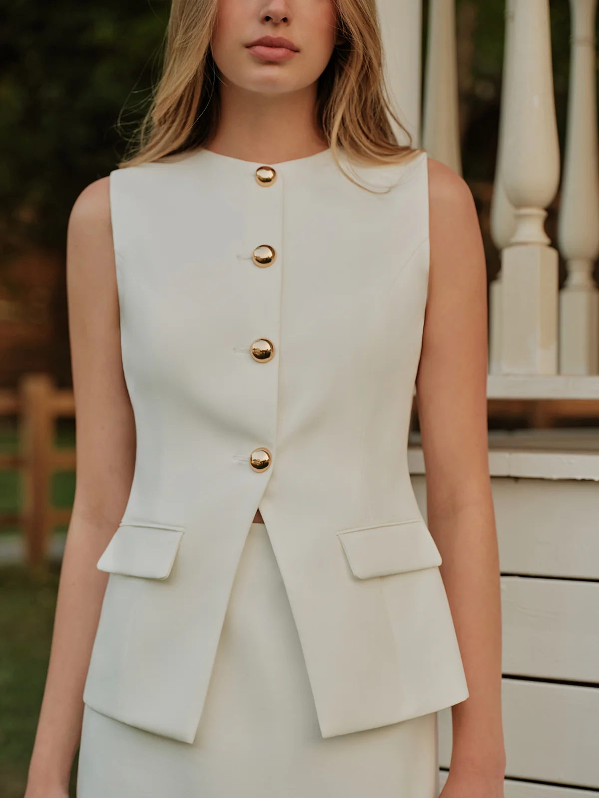 Elegant Metal Button Split Vest and Skirt Set - Image 3