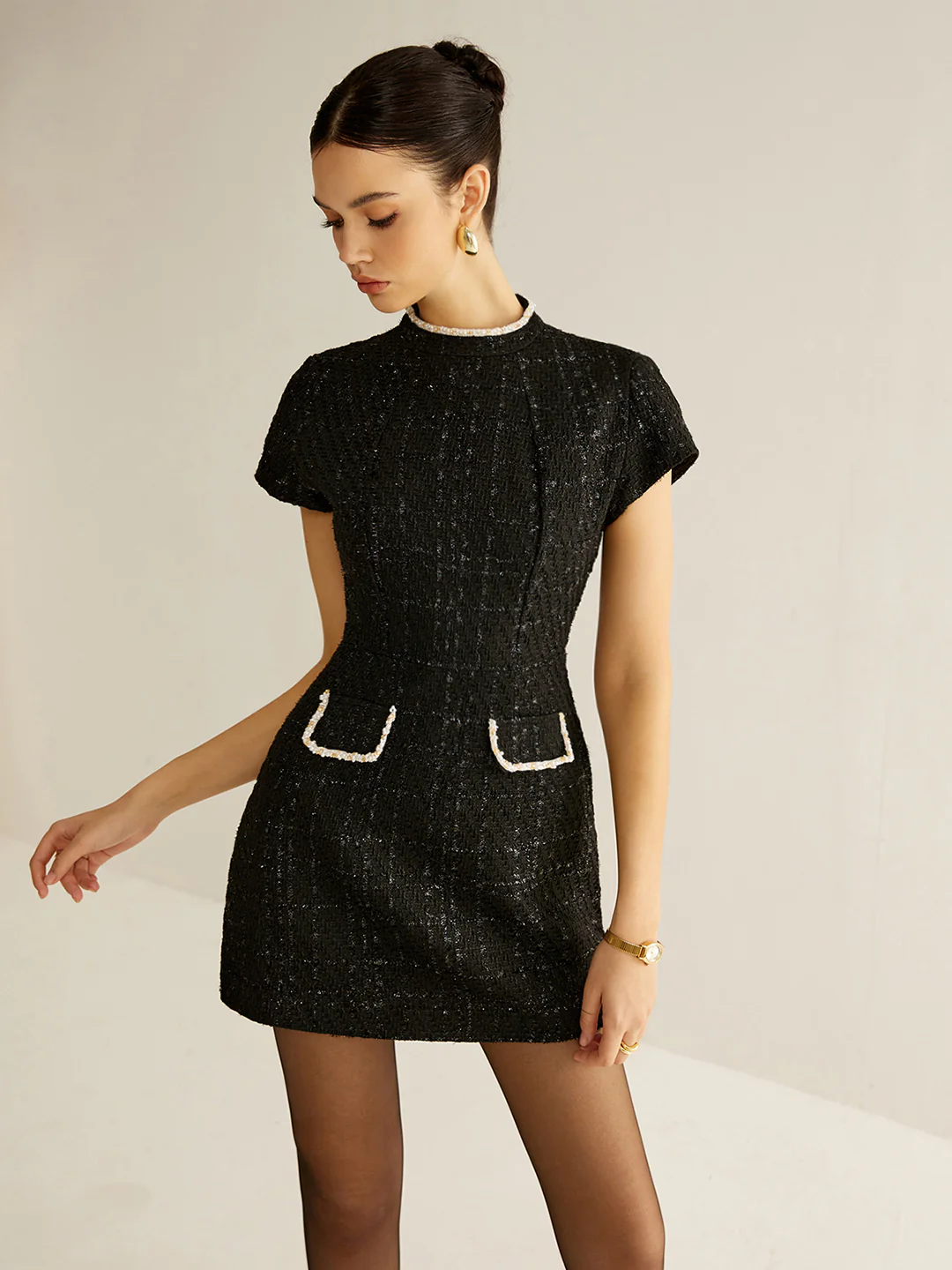 Elegant Short Sleeve Tweed Dress - Image 2