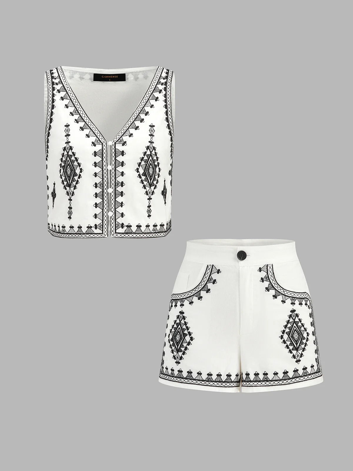 Embroidered Cotton Blend Vest & Shorts Set