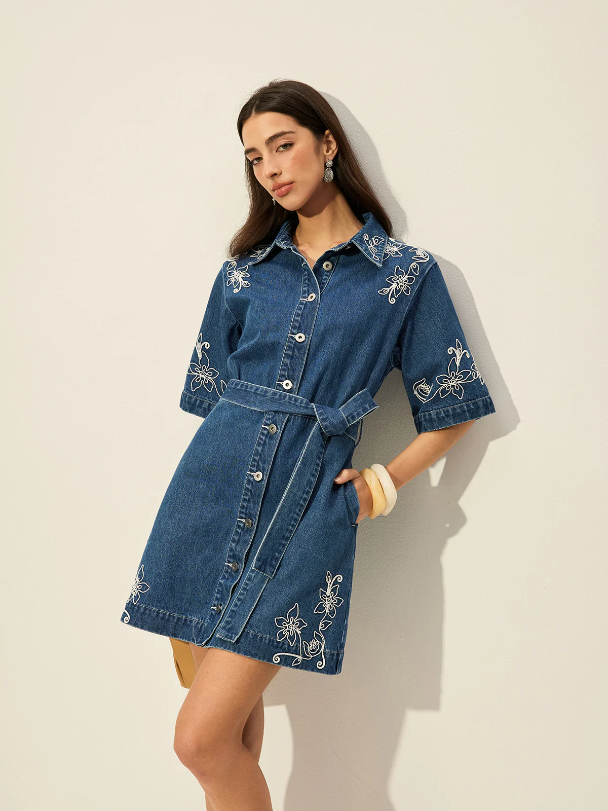 Embroidered Denim Shirt Dress With Belt - Image 2