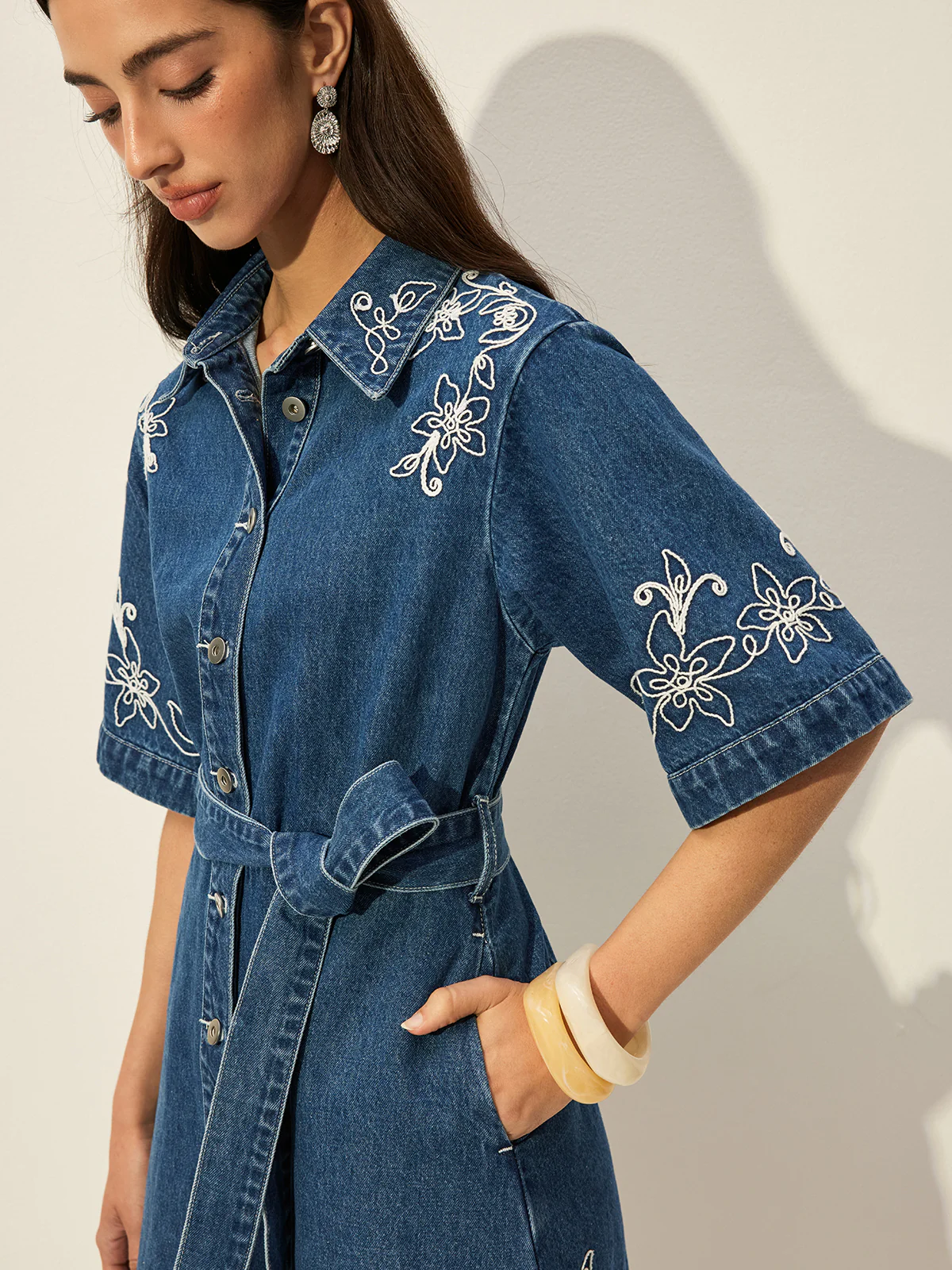 Embroidered Denim Shirt Dress With Belt - Image 3