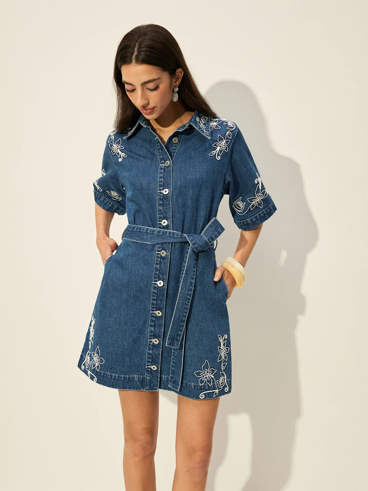 Embroidered Denim Shirt Dress With Belt - Image 4