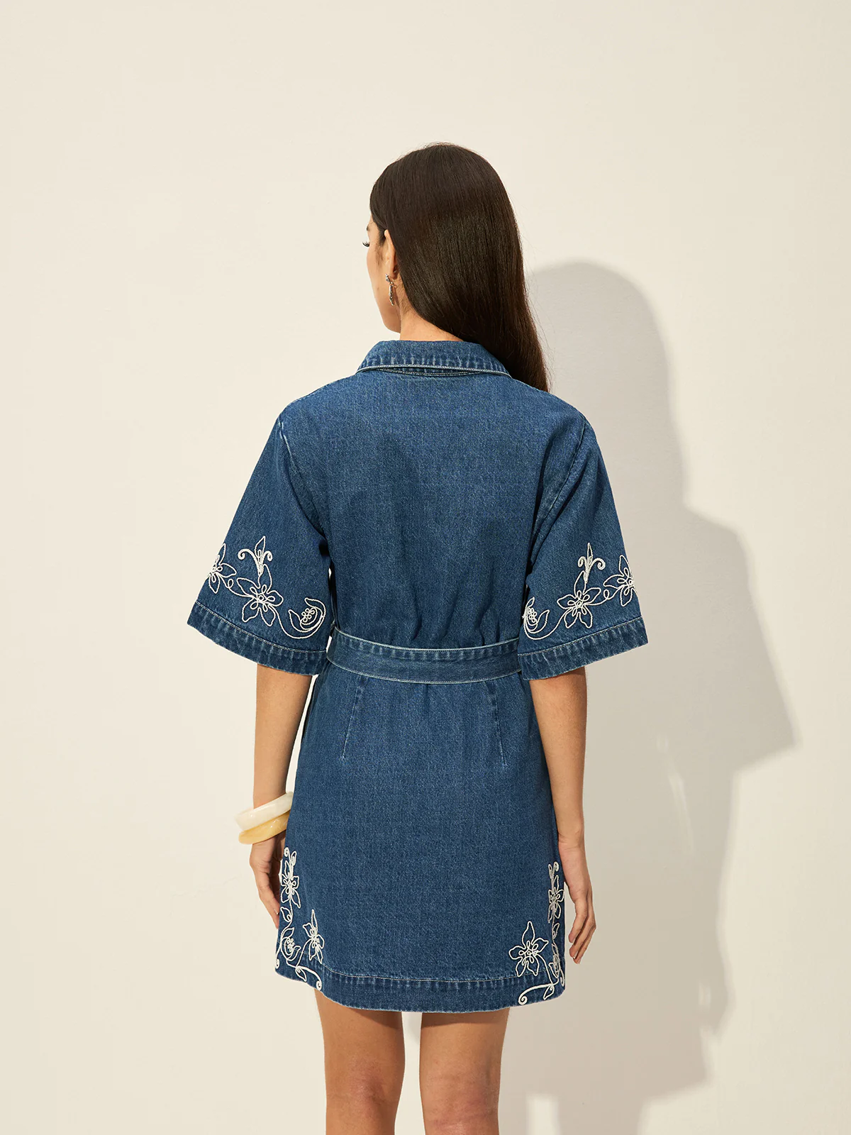Embroidered Denim Shirt Dress With Belt - Image 5