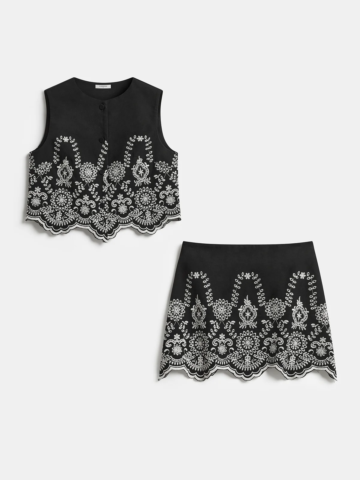 Embroidered Floral Cotton Top Mini Skirt Set