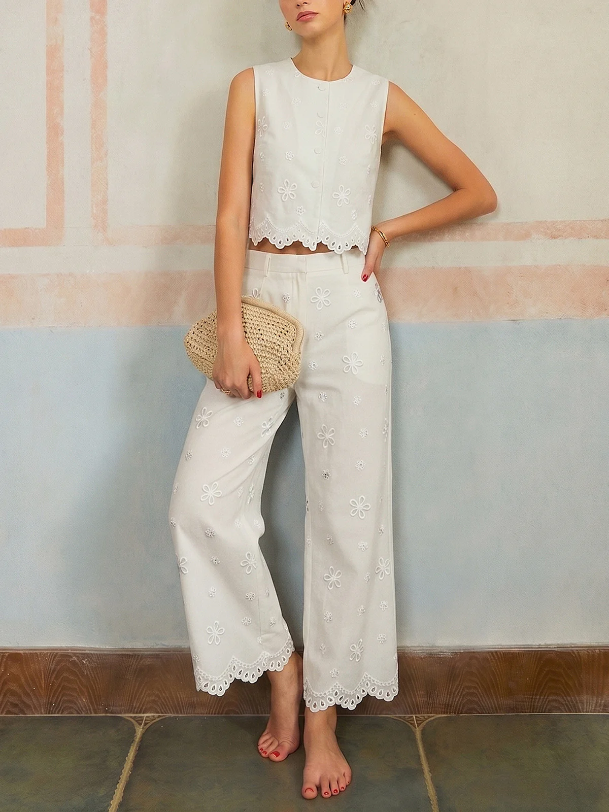 Embroidered Floral Cotton Top & Pants Set - Image 10