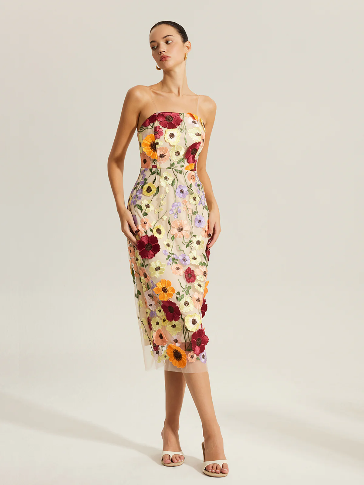 Semi-Sheer Embroidered Floral Dress With Clear Straps - Image 2