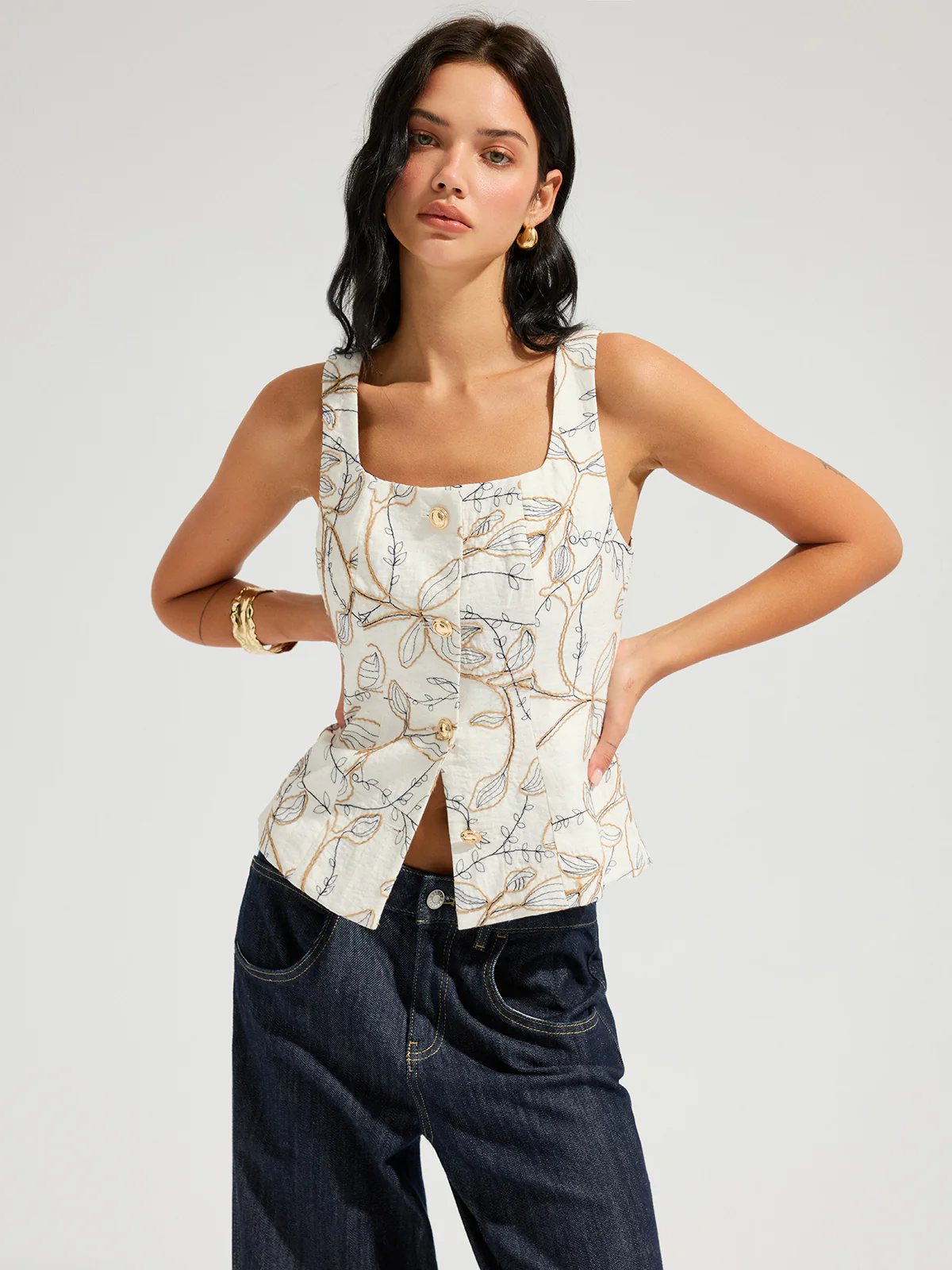Embroidered Floral Square Neck Tank Top - Image 4