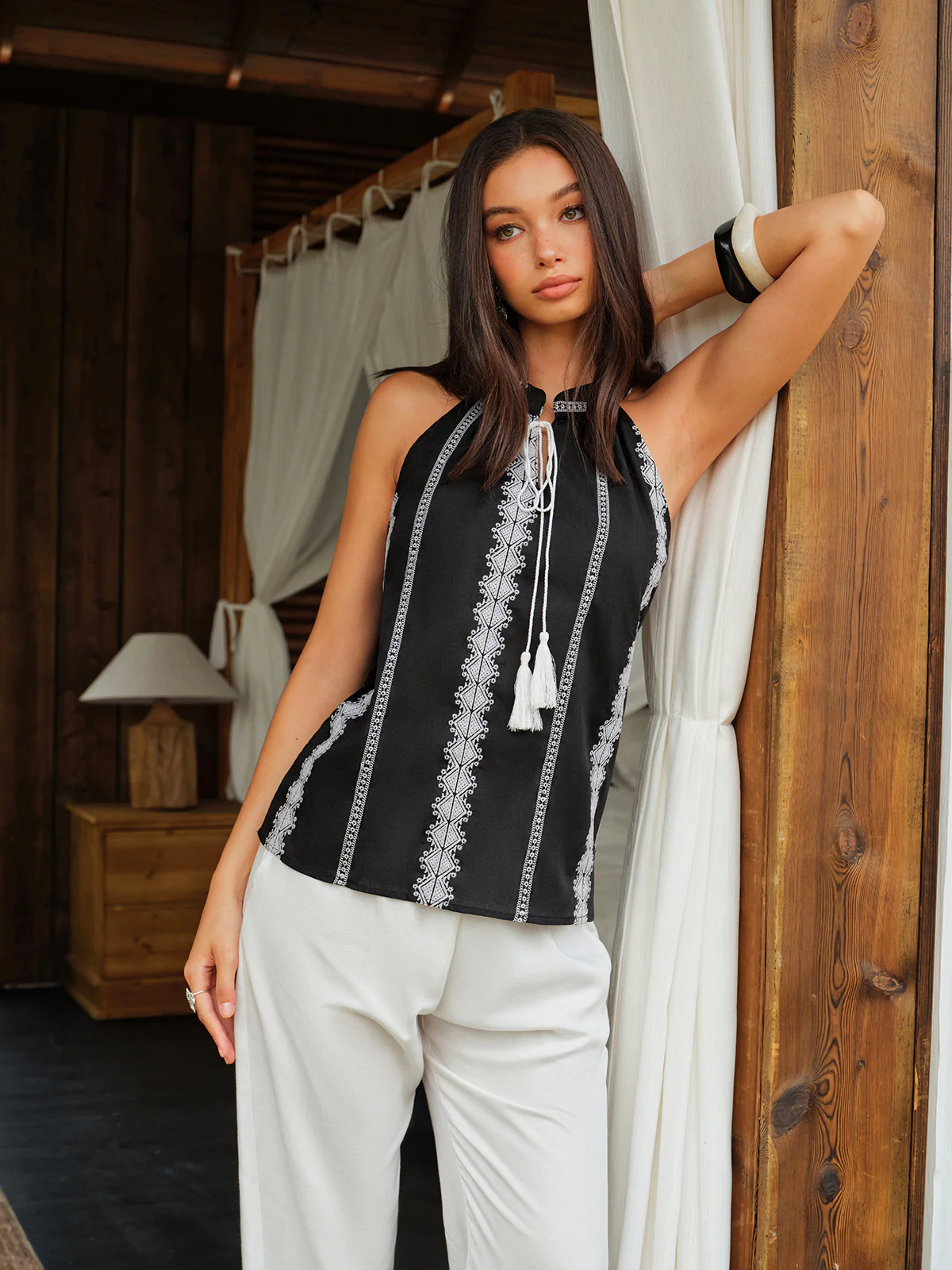 Embroidered Halter Tie-Neck Top - Image 2