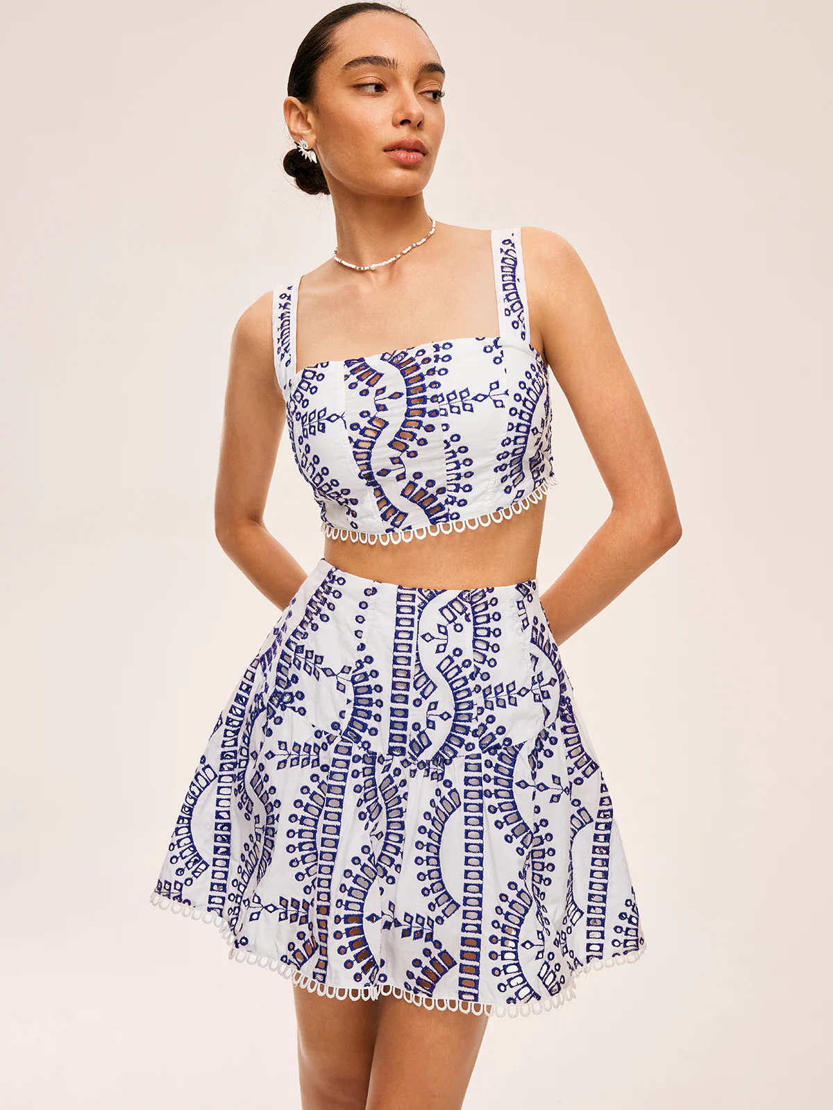 Embroidered Lace Trim Skirt Set