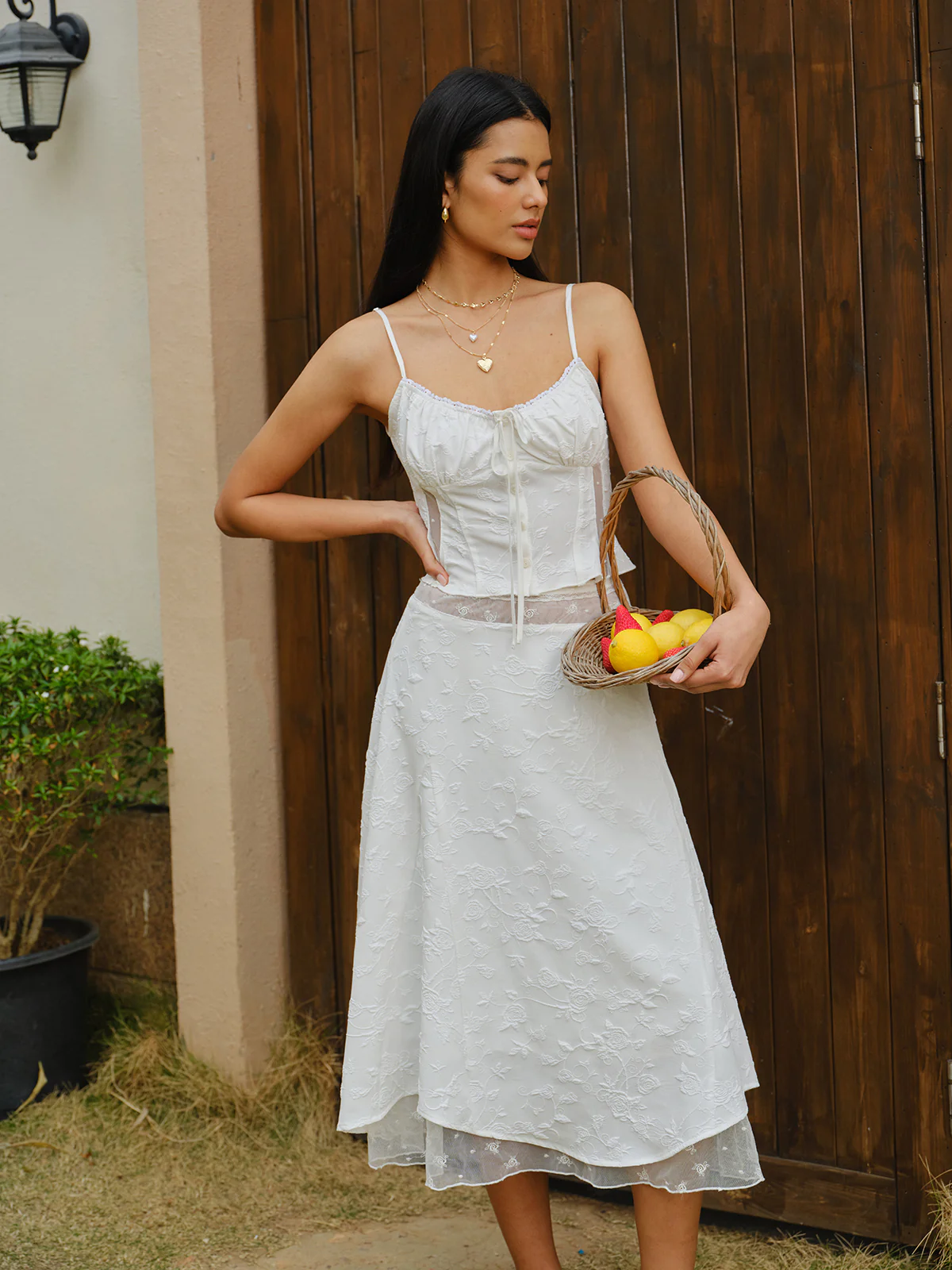 Embroidered Lace-Up Crop Top With Skirt Set - Image 4
