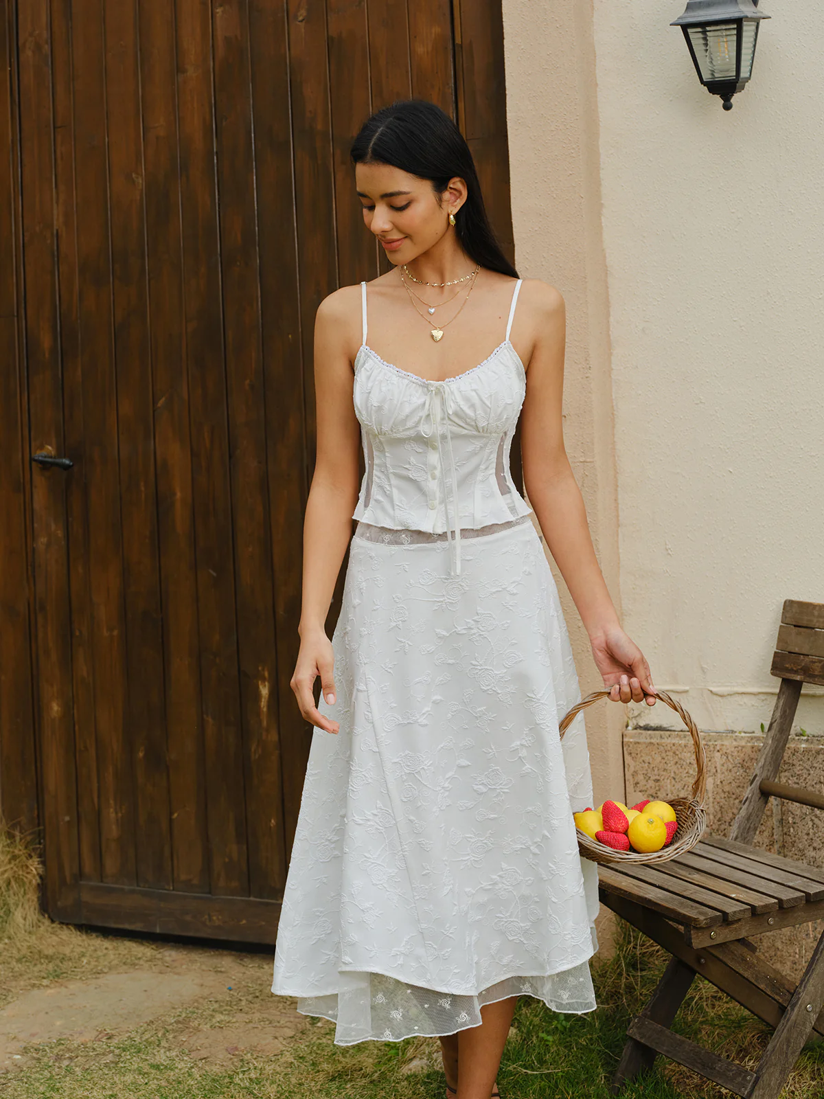Embroidered Lace-Up Crop Top With Skirt Set - Image 5