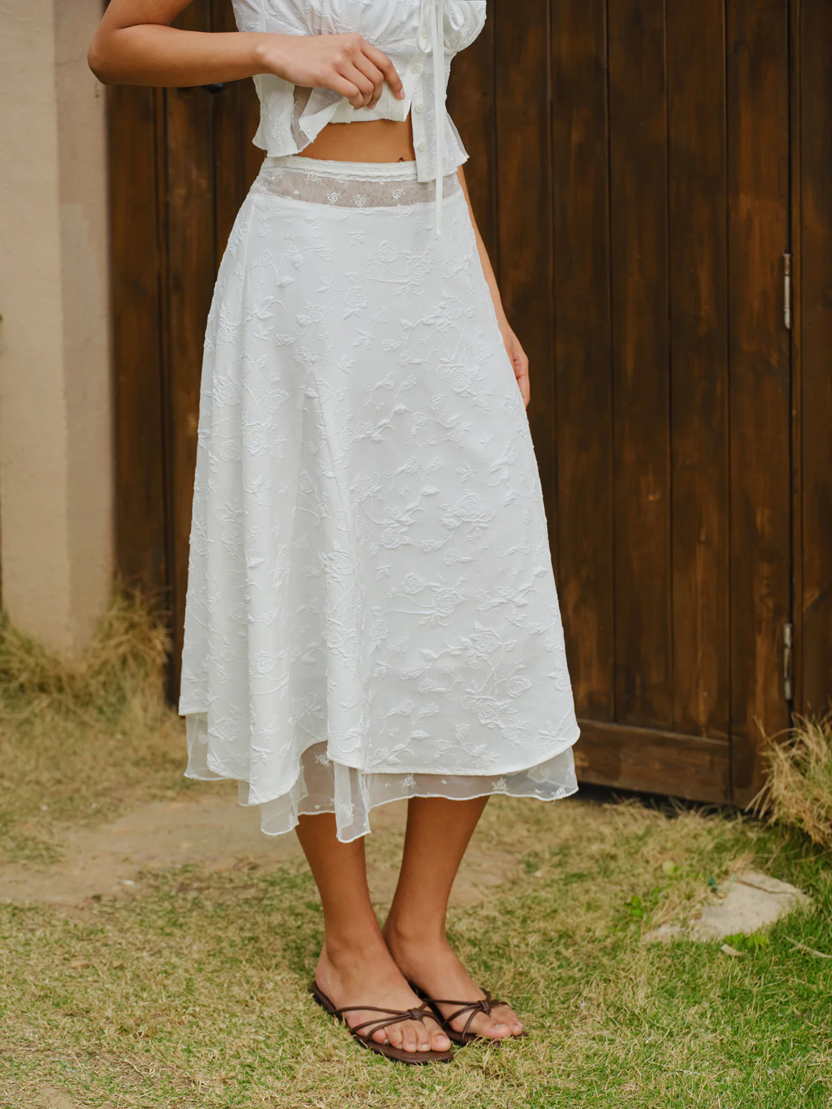 Embroidered Lace-Up Crop Top With Skirt Set - Image 6