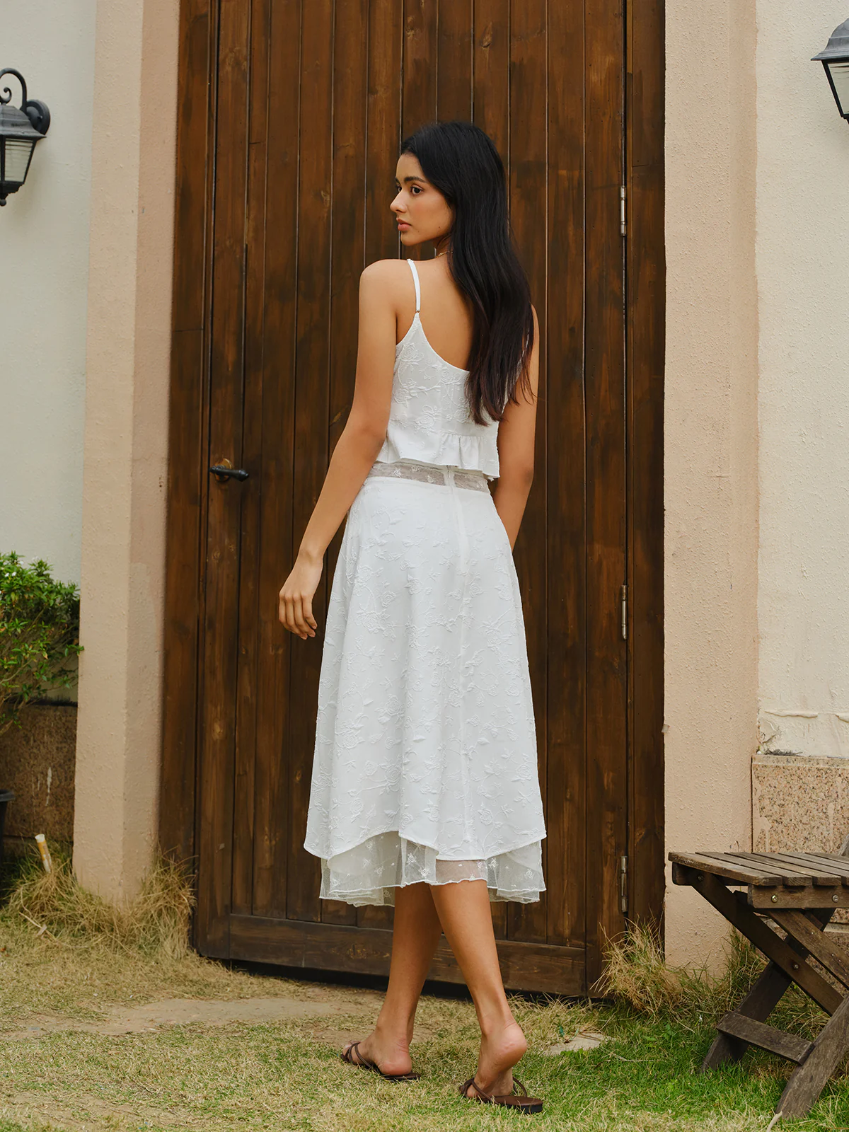 Embroidered Lace-Up Crop Top With Skirt Set - Image 7