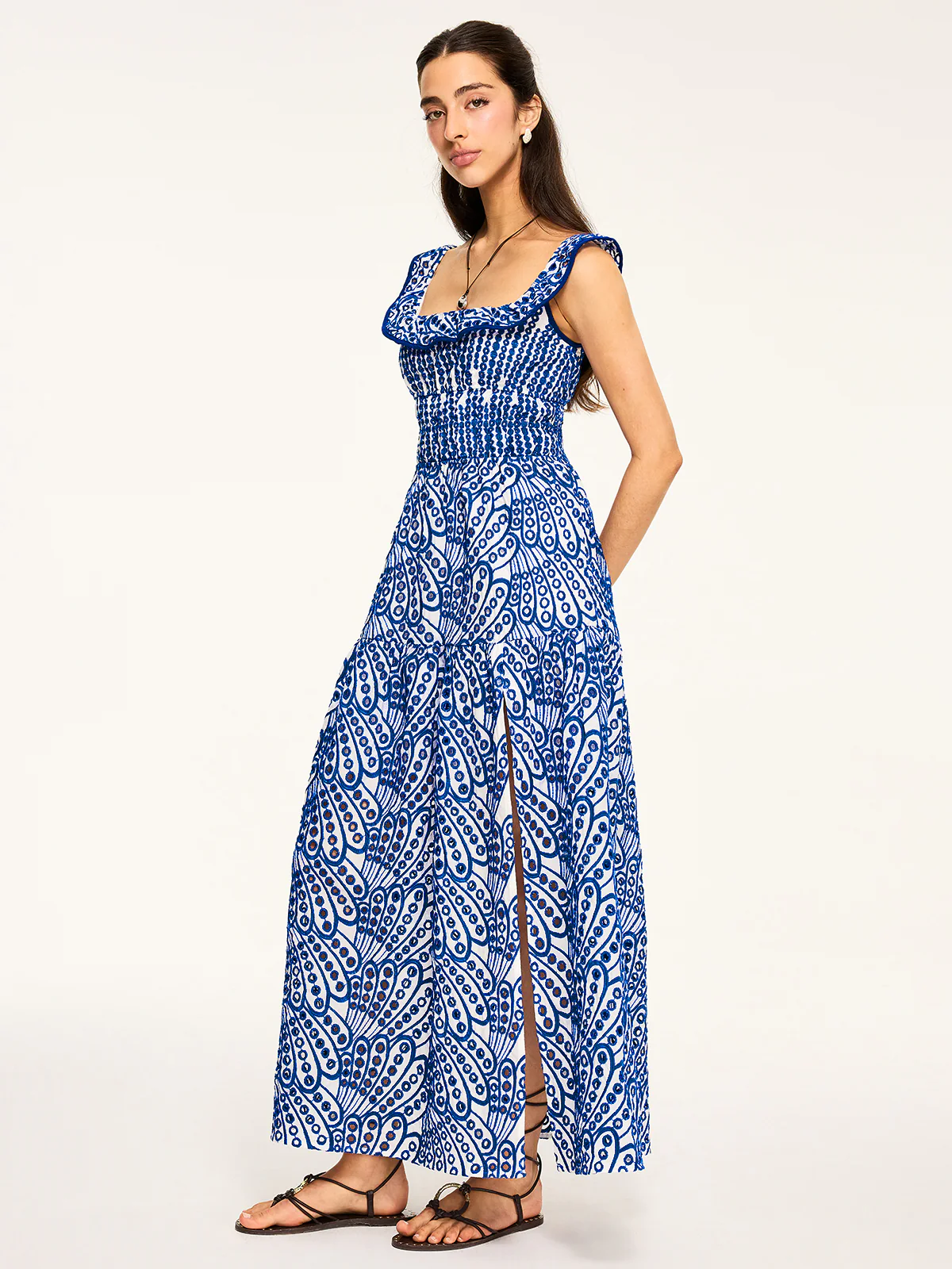 Semi-Sheer Embroidered Maxi Dress with Ruffled Trim - Image 4