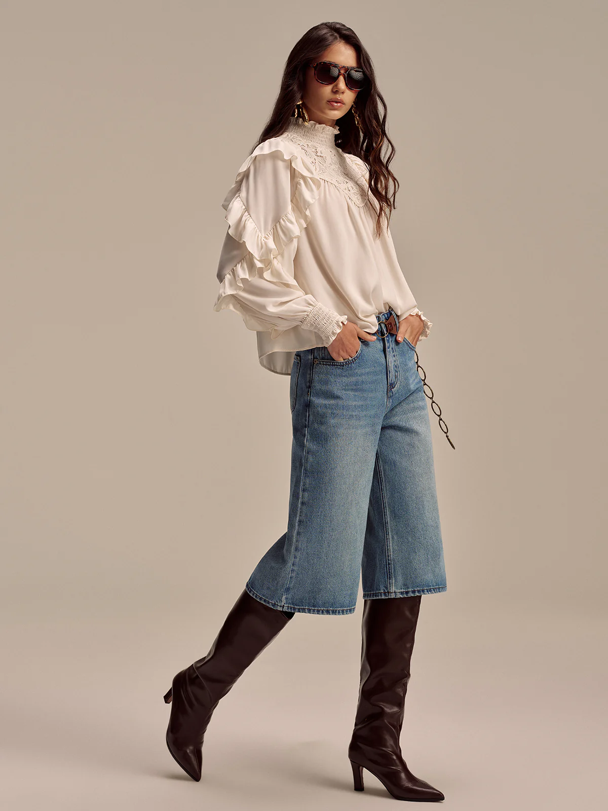 Embroidered Mock Neck Ruffled Blouse - Image 3