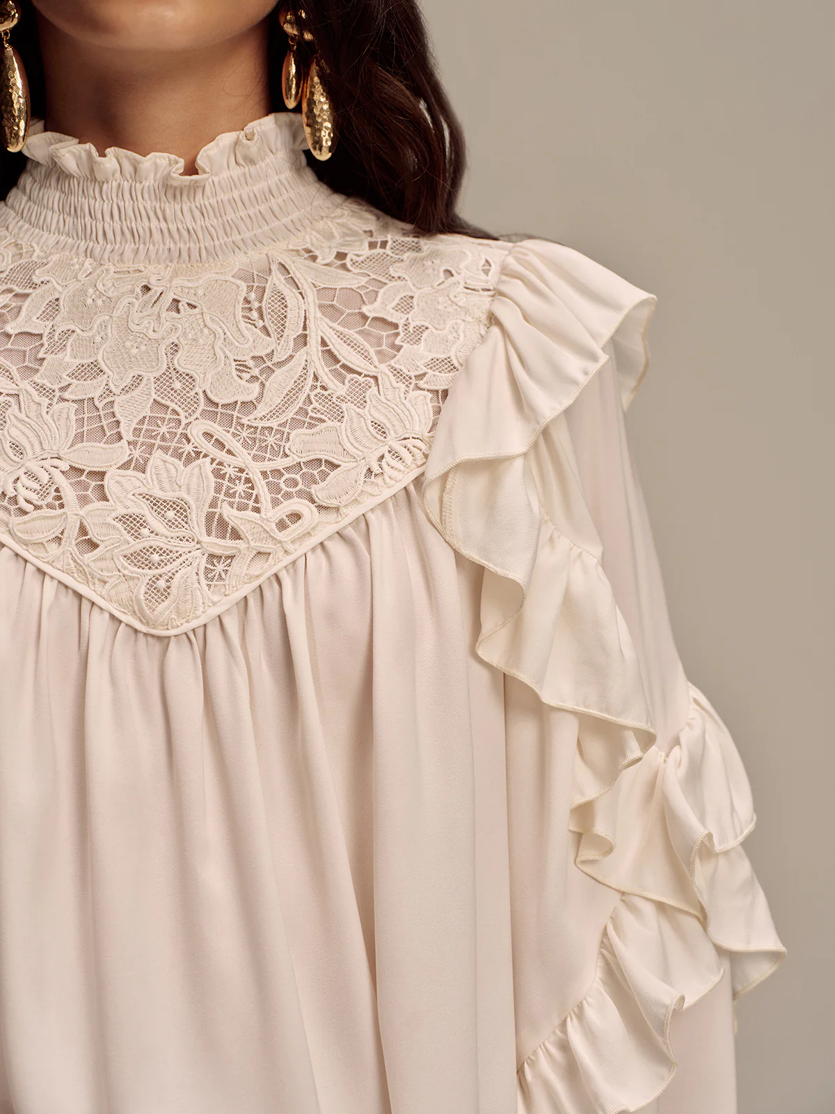 Embroidered Mock Neck Ruffled Blouse - Image 4