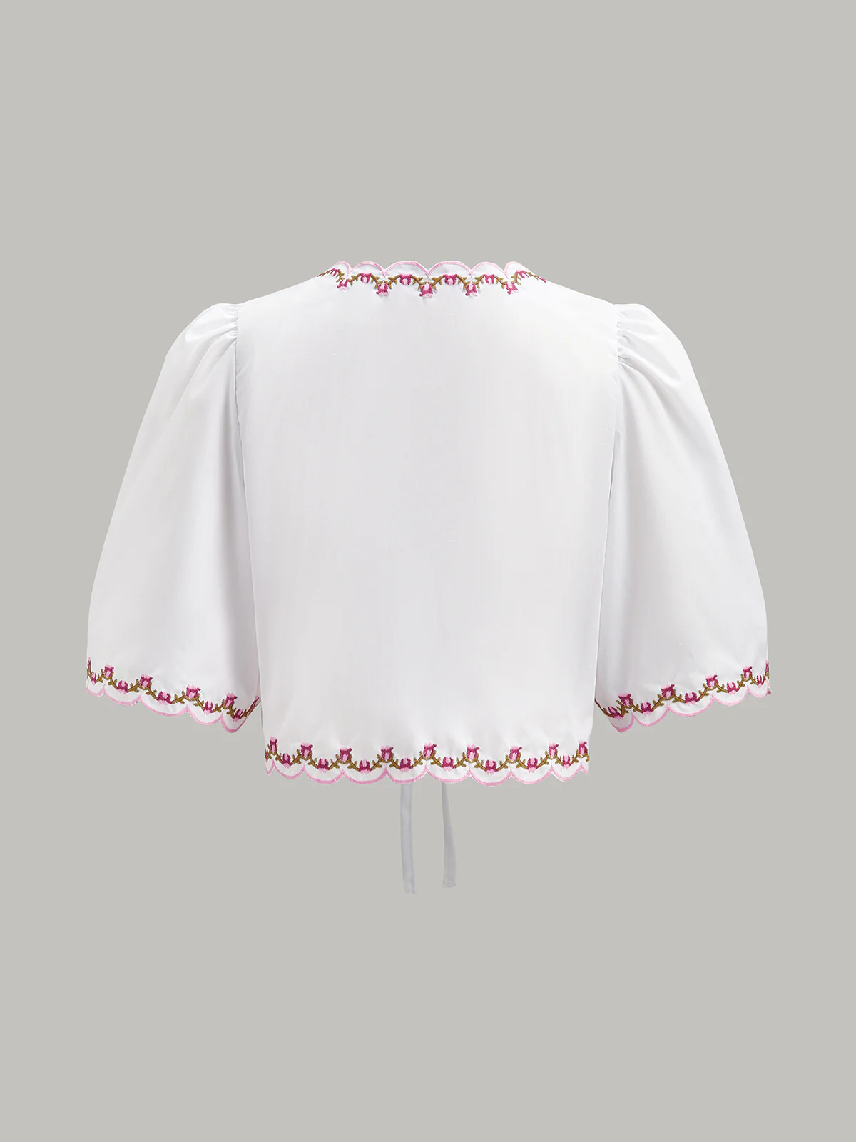 Embroidered Scallop Trim Puff Sleeve Bow Blouse - Image 2