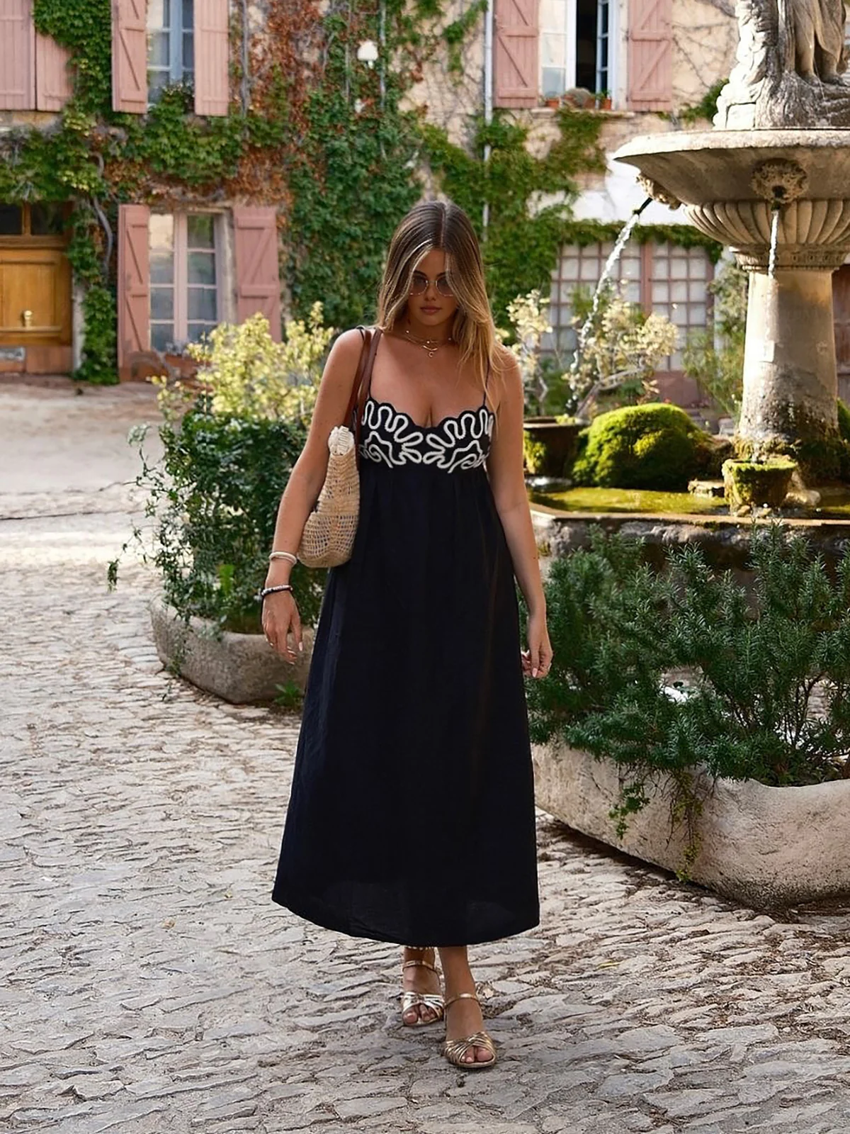 Embroidered Shirred Spaghetti Strap Long Dress - Image 4