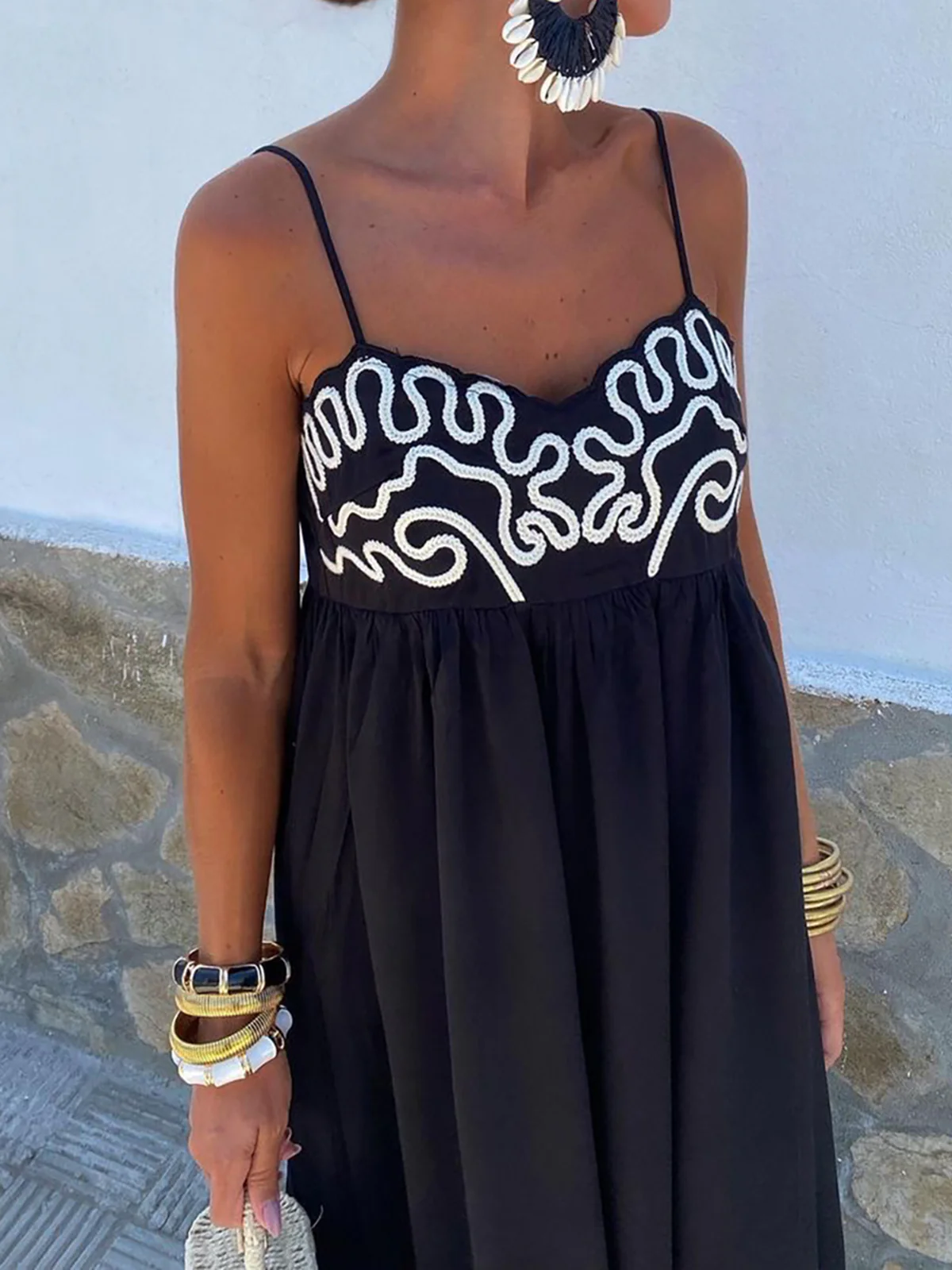 Embroidered Shirred Spaghetti Strap Long Dress - Image 5