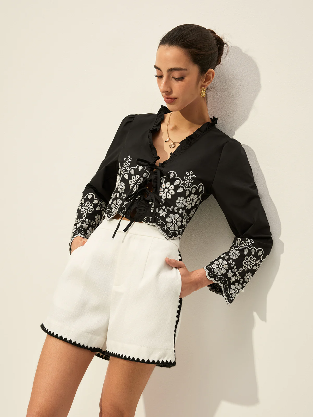 Embroidered Tie-Front Top - Image 6