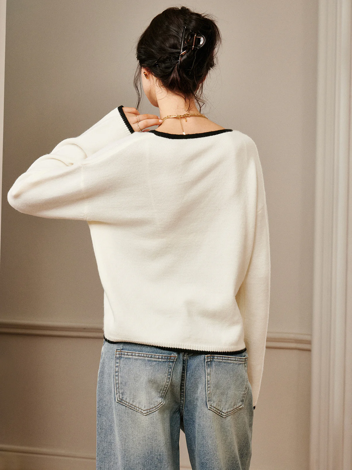 Embroidered Trim Draped Shoulder Knit Top - Image 6