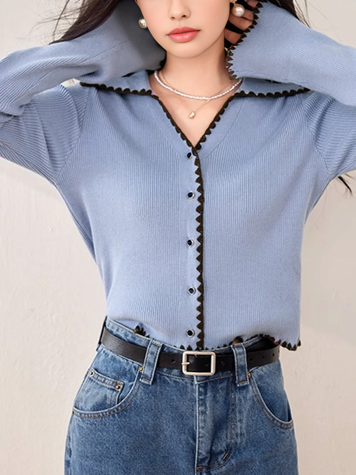 Embroidered Trim Lapel Cardigan - Image 2