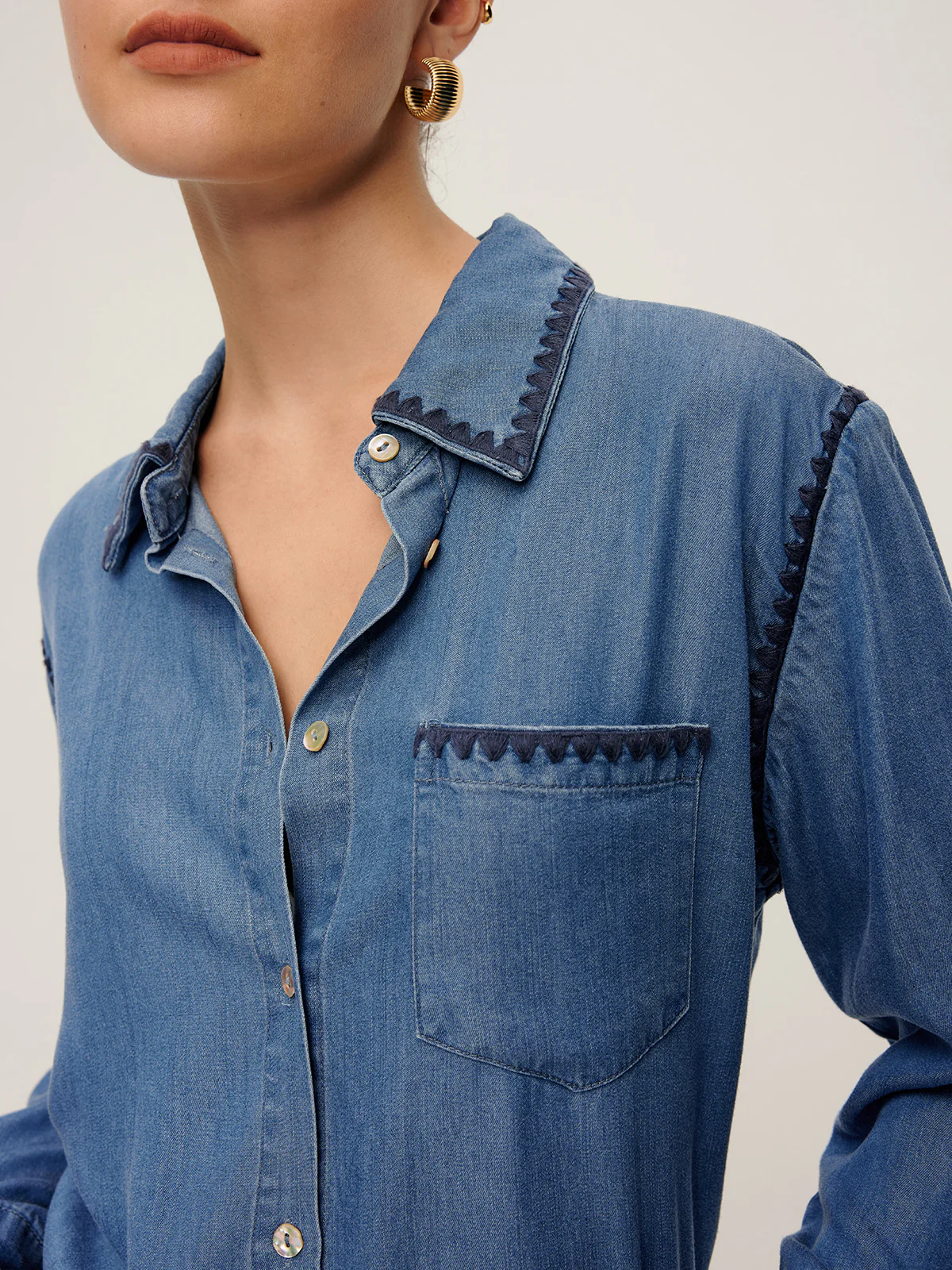 Embroidered Trim Lapel Denim Shirt - Image 2