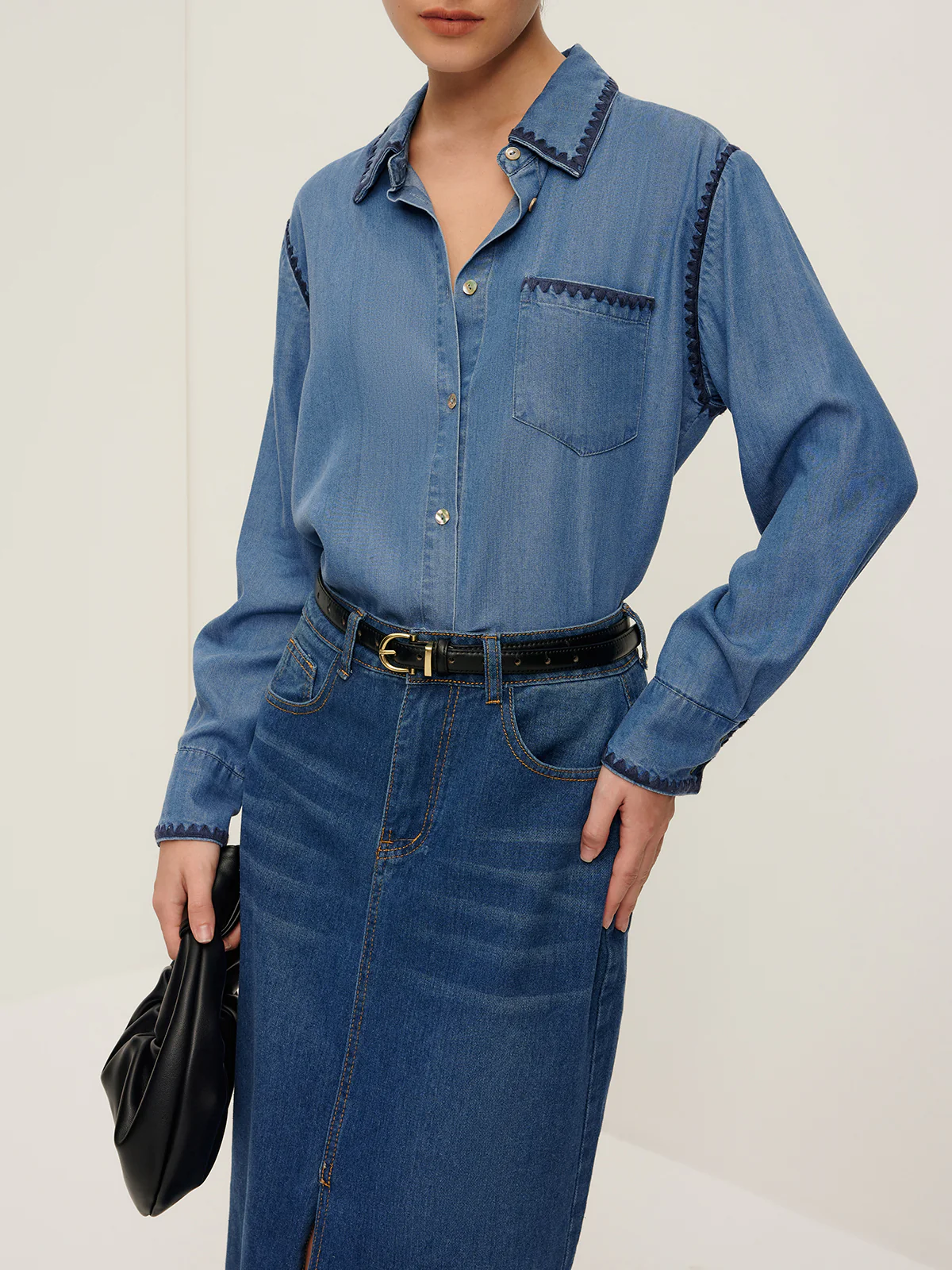 Embroidered Trim Lapel Denim Shirt - Image 3