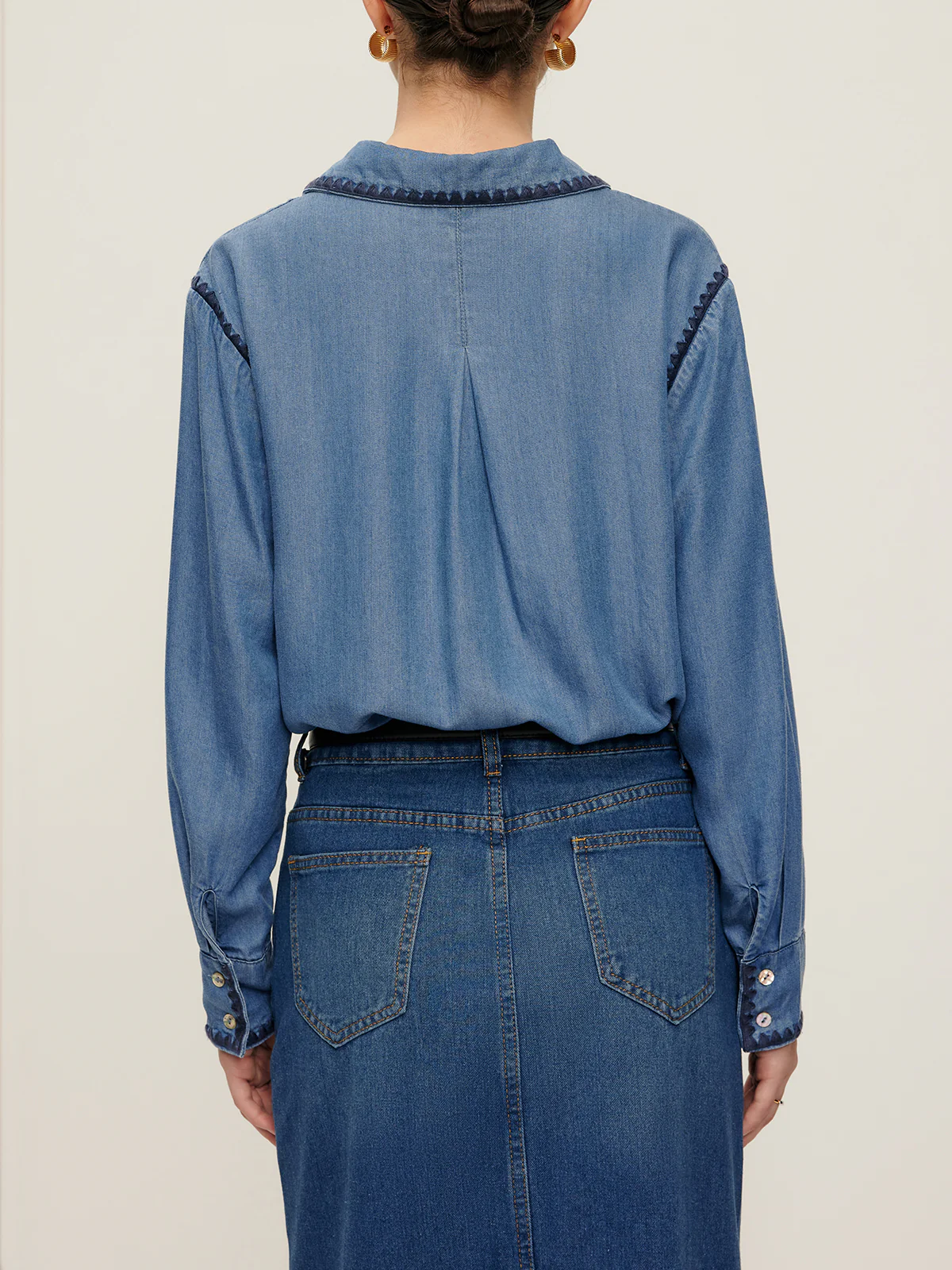 Embroidered Trim Lapel Denim Shirt - Image 5