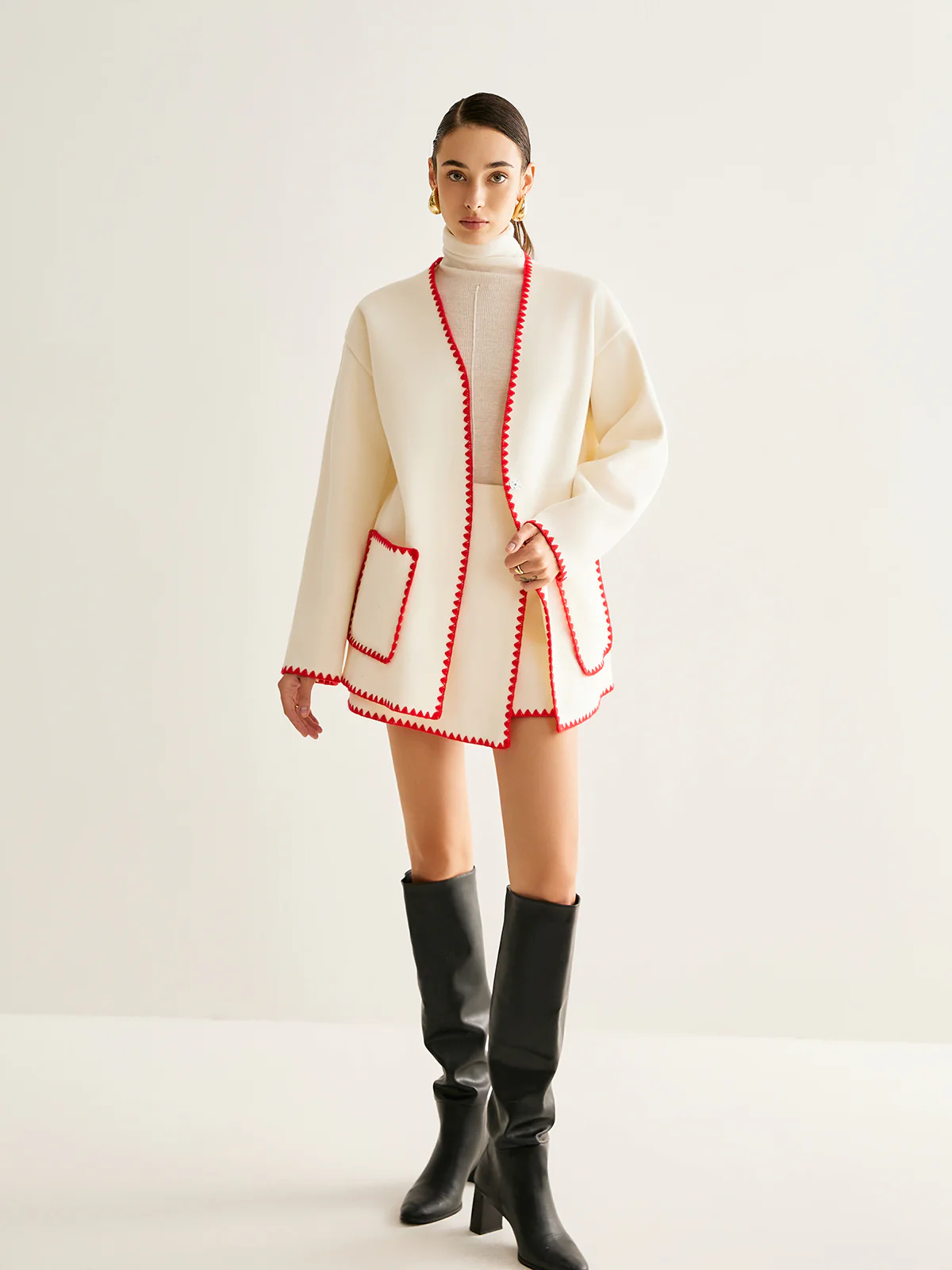 Embroidered Trim Tweed Coat With Matching Scarf - Image 4