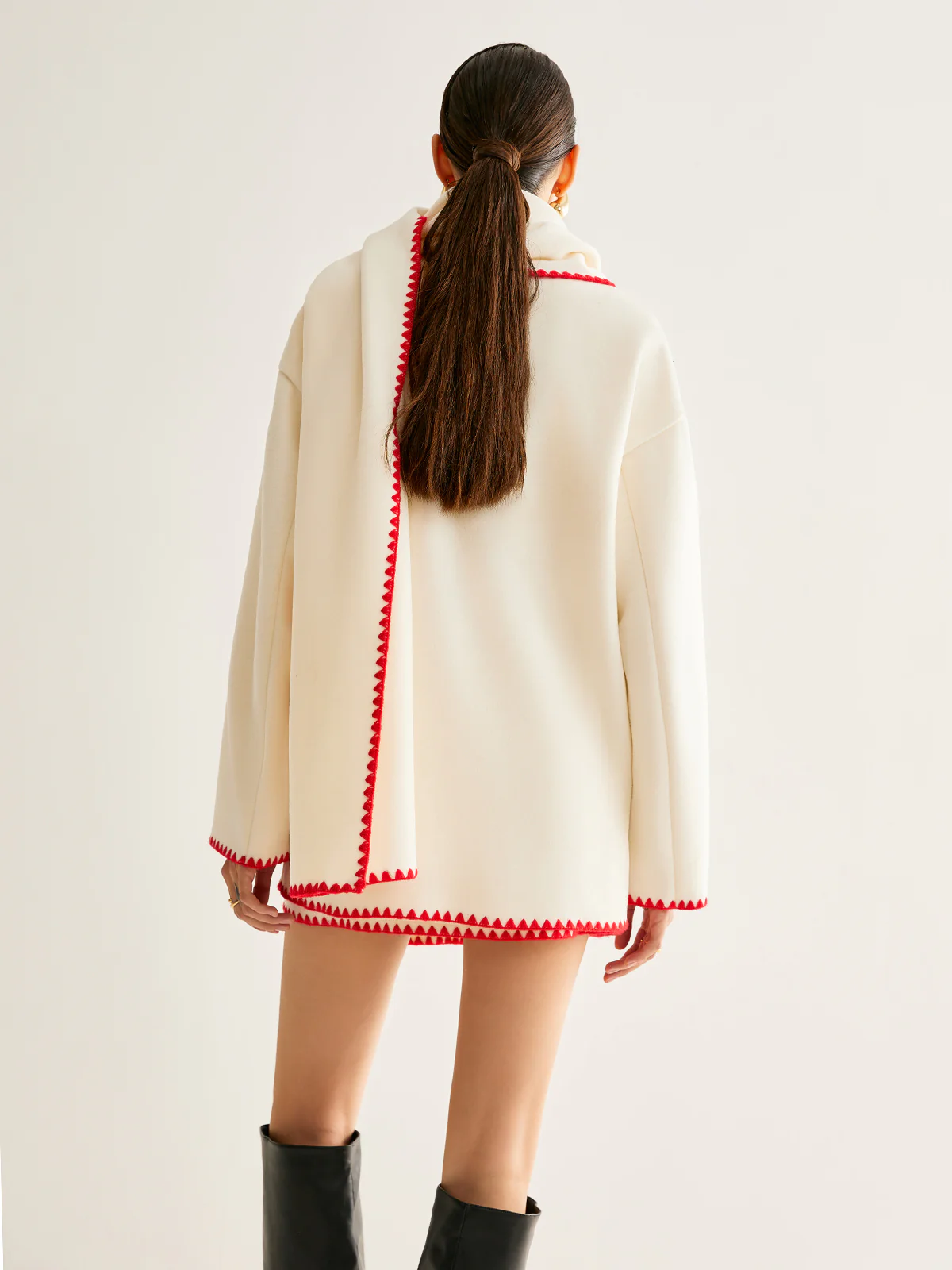 Embroidered Trim Tweed Coat With Matching Scarf - Image 8
