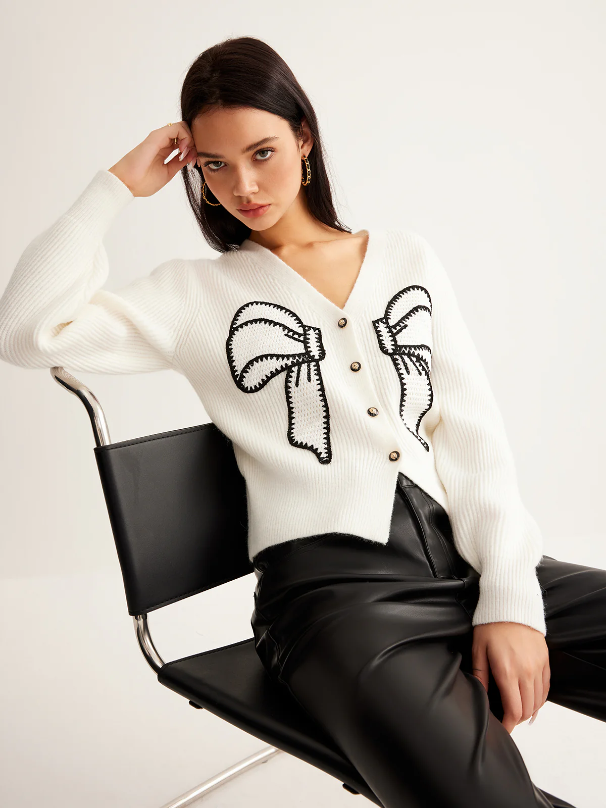 Embroidery-Bow Button Short Cardigan - Image 2