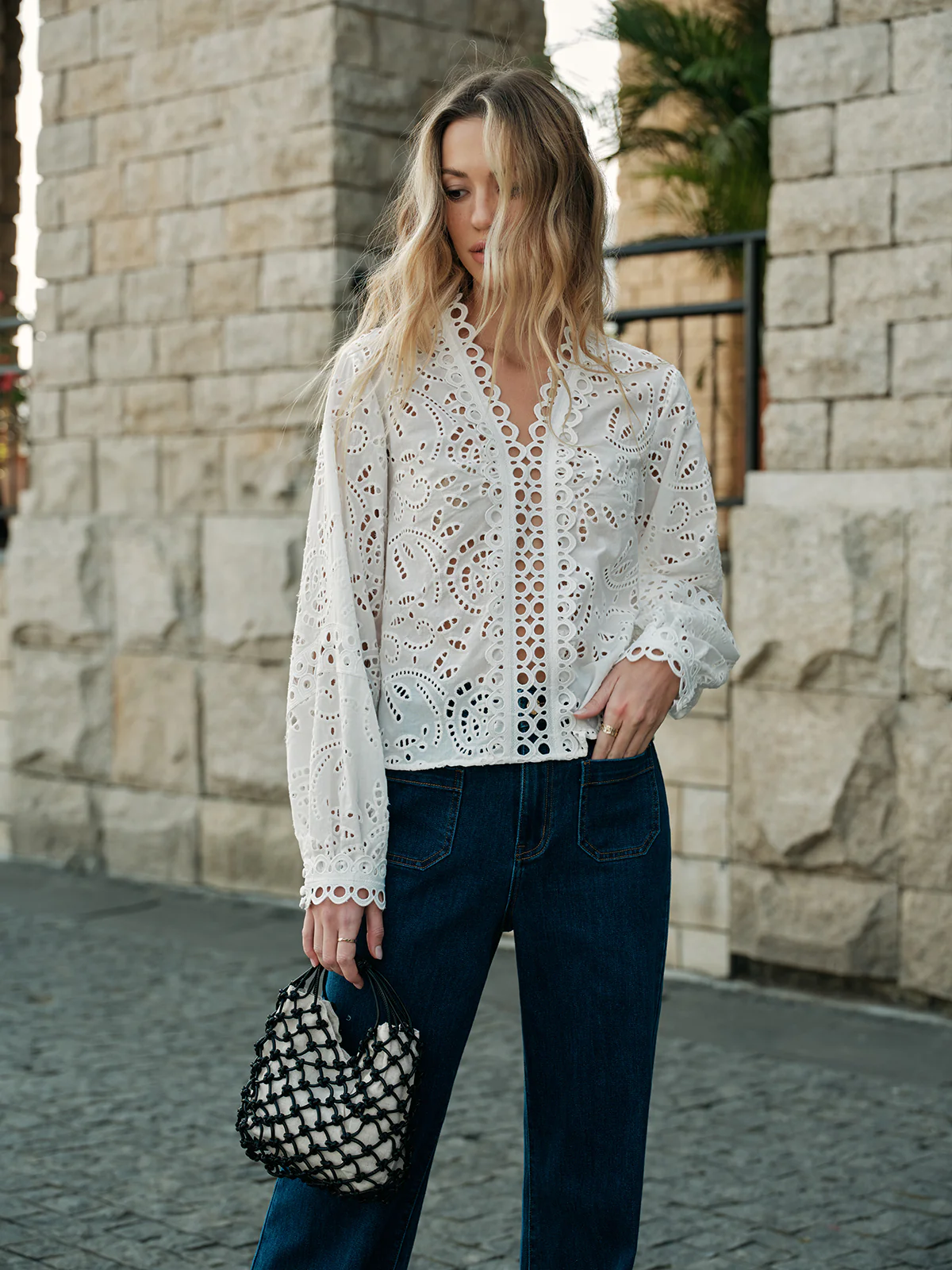 Semi-Sheer Embroidery Hollow-Out Detail Top - Image 4