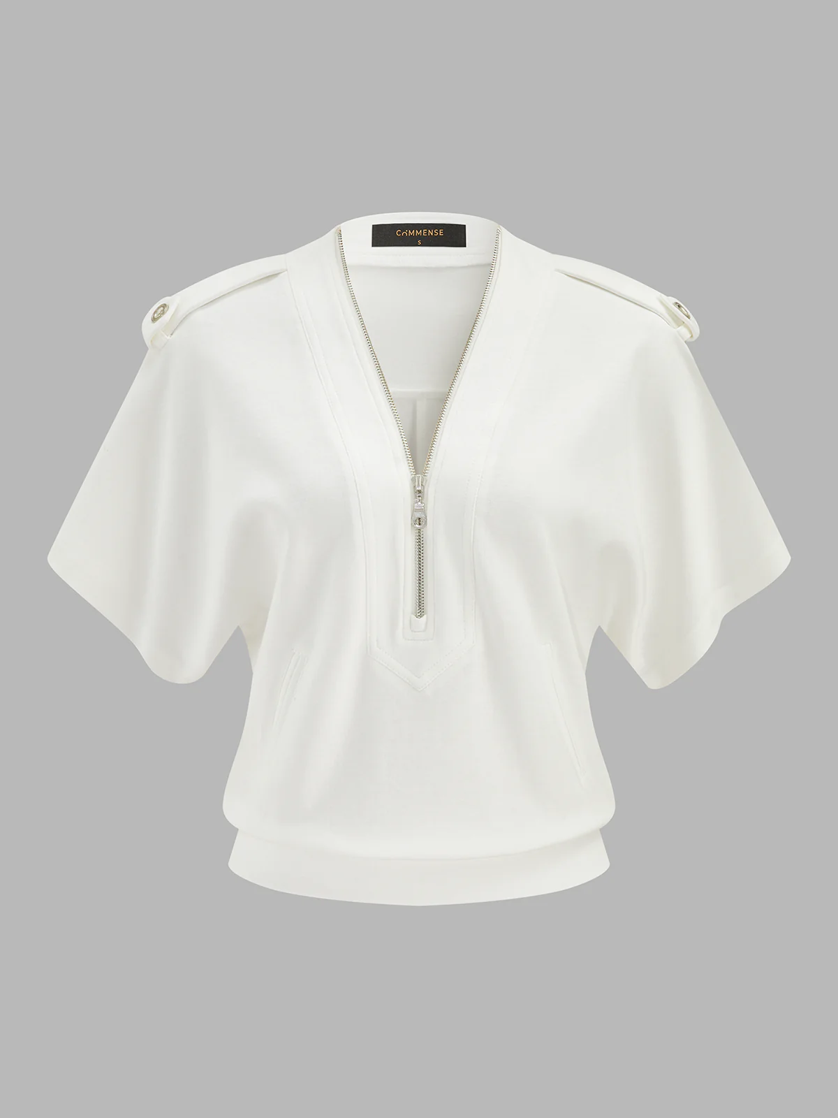 Epaulet Detail Half-Zip Short Sleeve Sweatshirt