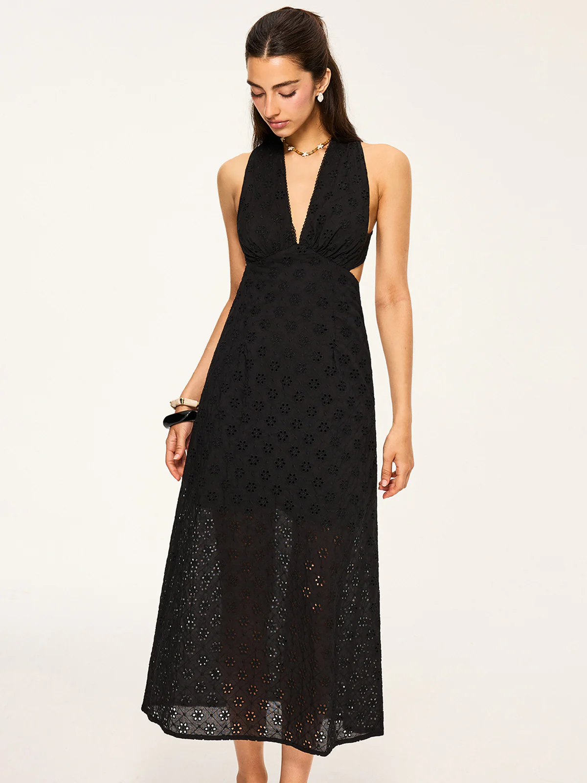 Semi-Sheer Eyelet Backless Criss-Cross Midi Dress - Image 2